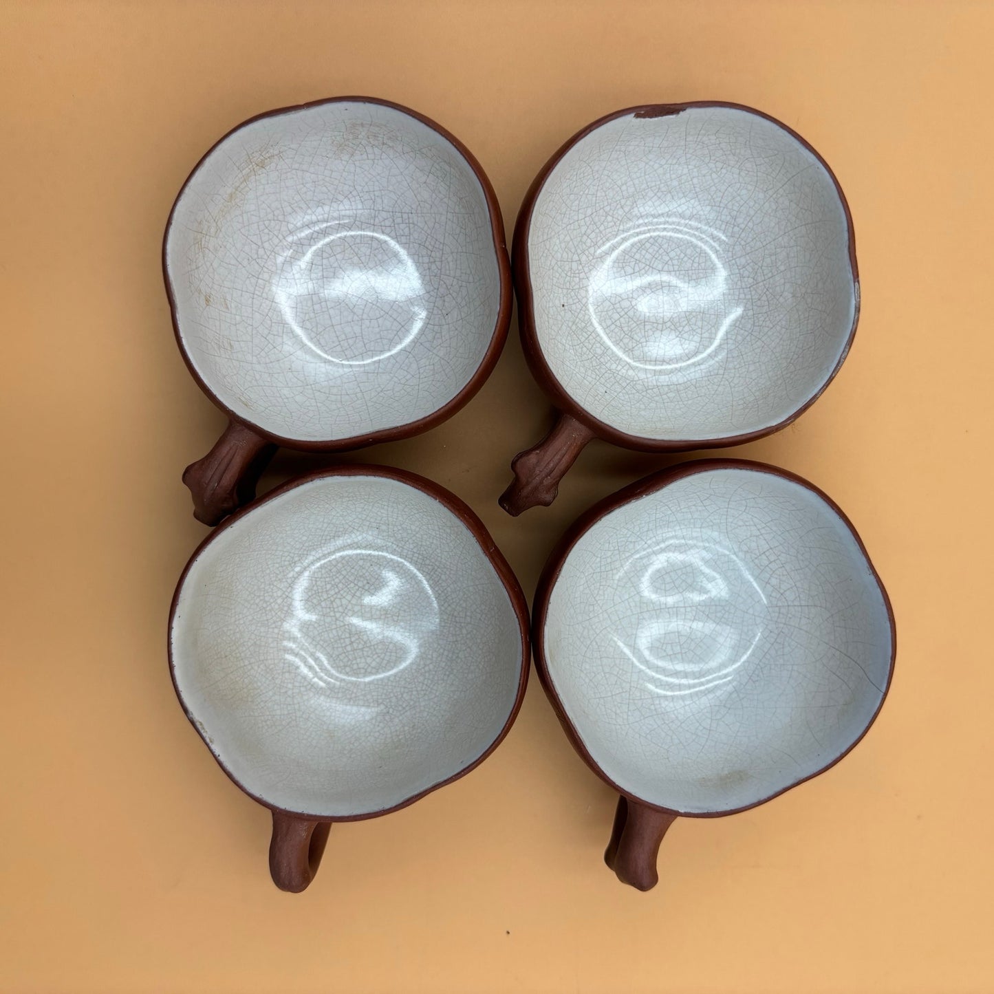 Antique Chinese Yixing-Style Red Clay Teapot Set – 4 Fair Cups & 4 Saucers with Etched Characters