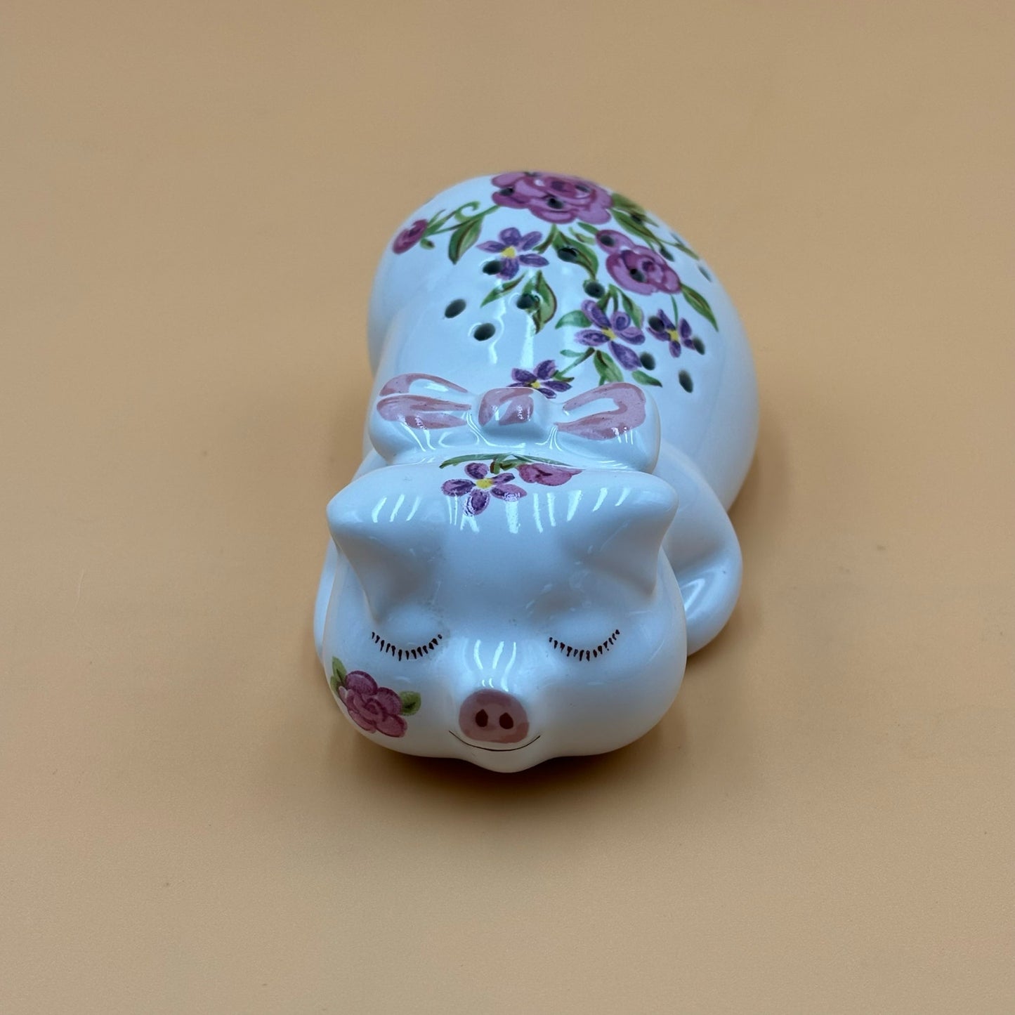 Vintage 1978 Avon Ceramic Pig Sachet – Floral Sleeping Pig with Bow, Made in Brazil
