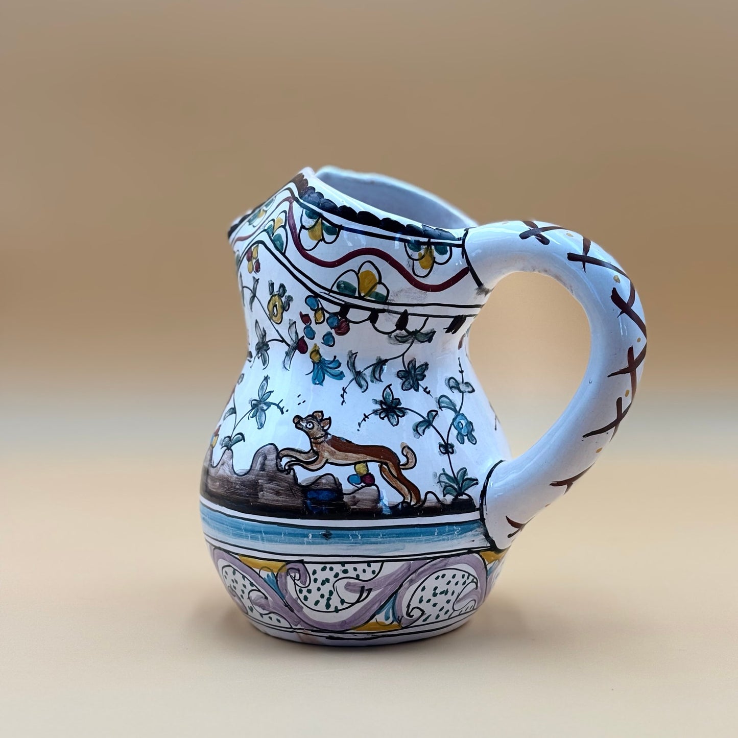 Vintage Portuguese Coimbra Pitcher – Hand-Painted Bird & Floral Talavera-Style Pottery