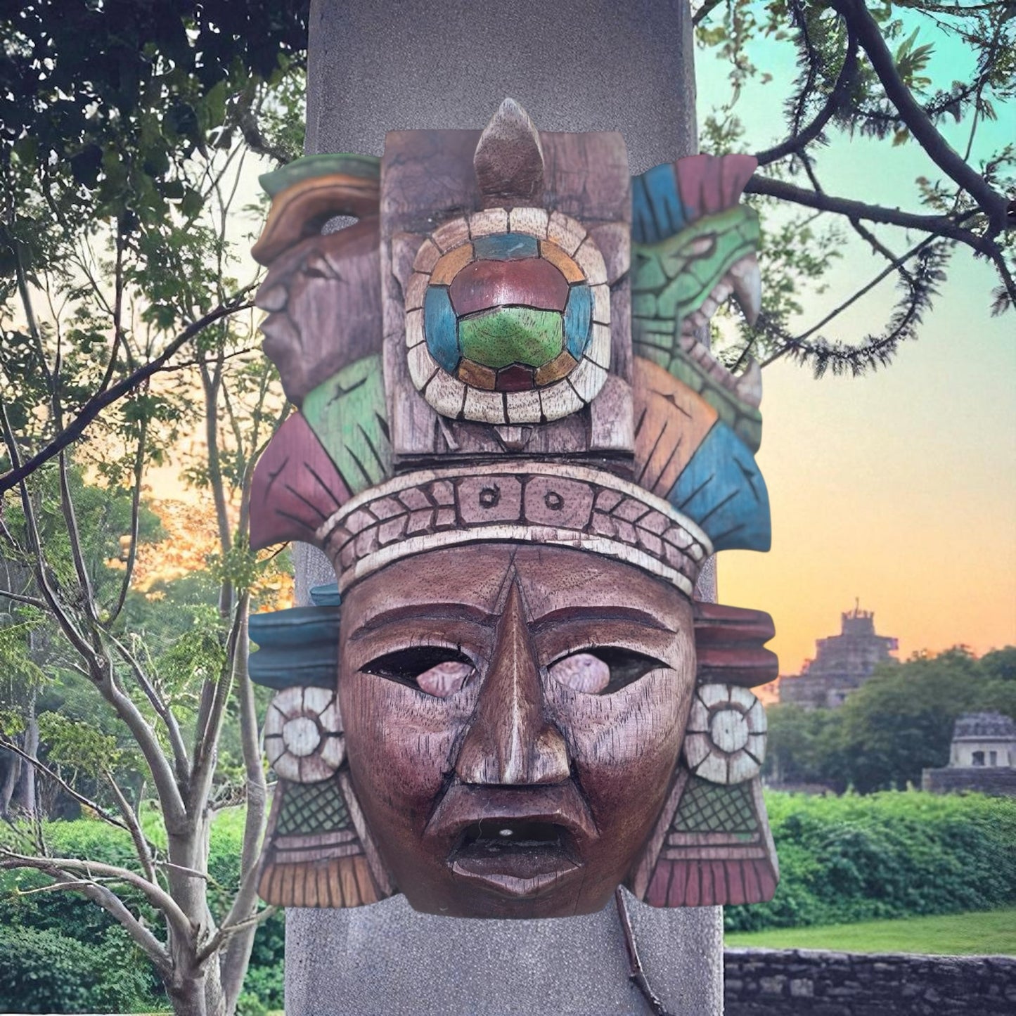 Mesoamerican Hand-Carved Warrior Mask/Wall Plaque - Turtle & Serpent Wall Art