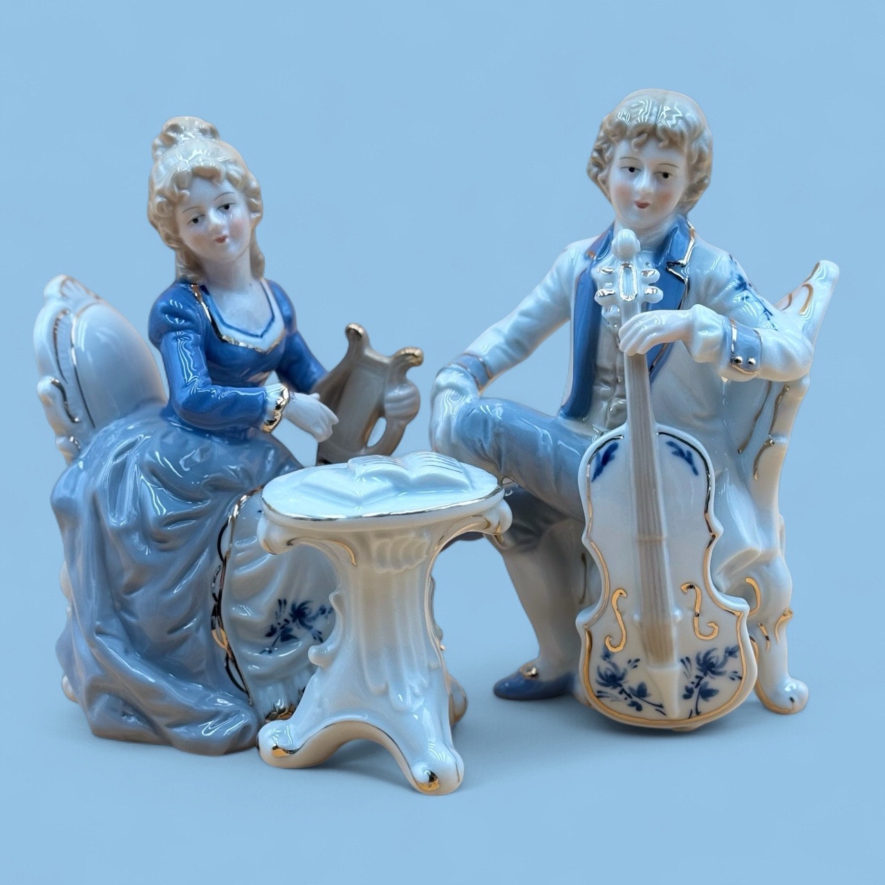 Porcelain Victorian Couple Playing Music Vintage Figurines