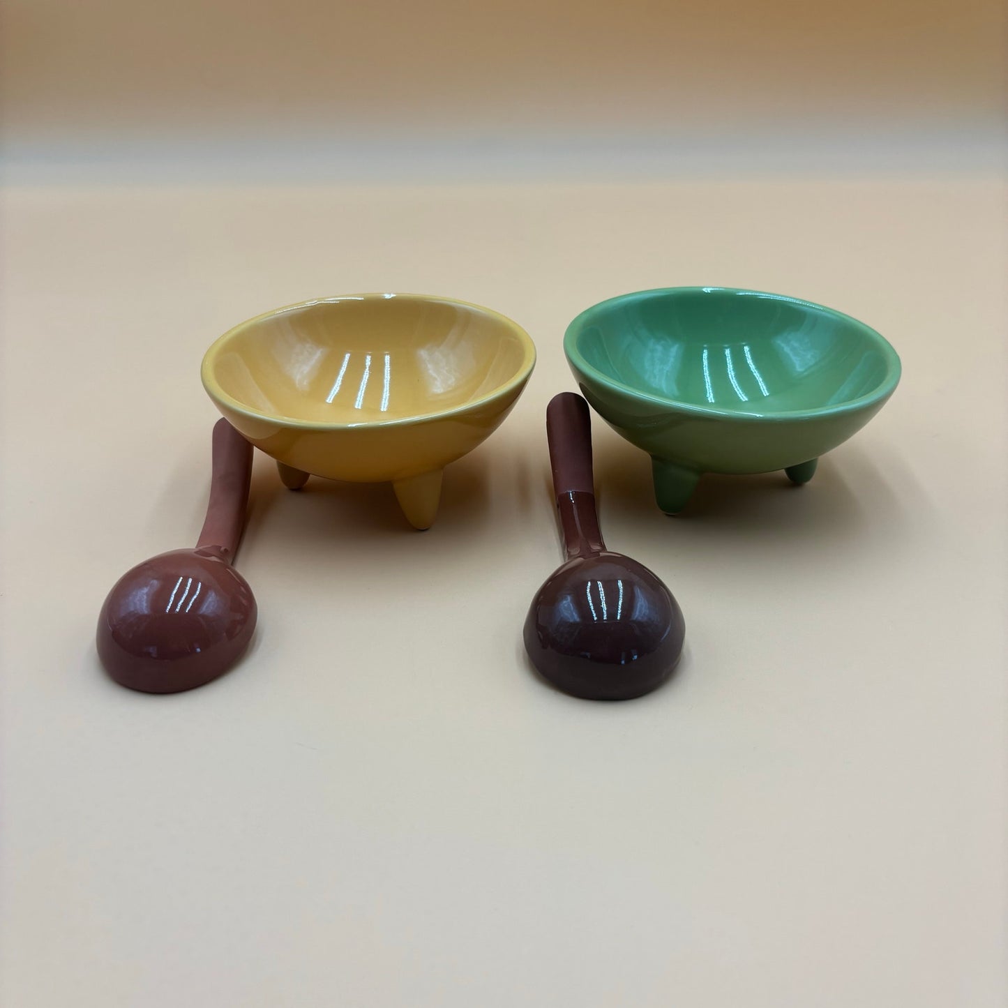 Vintage Chantal Yellow & Green Footed Bowls with Matching Ladles – Set of 2