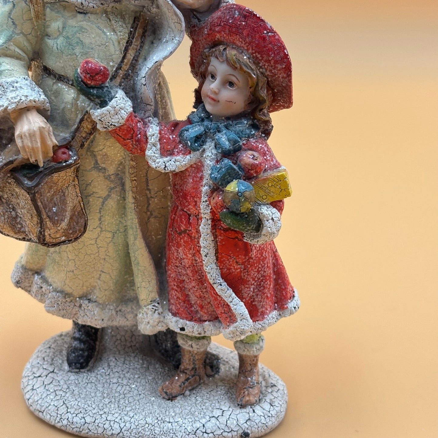 Vintage Crackle Santa and Girl Figurine with Glitter Finish