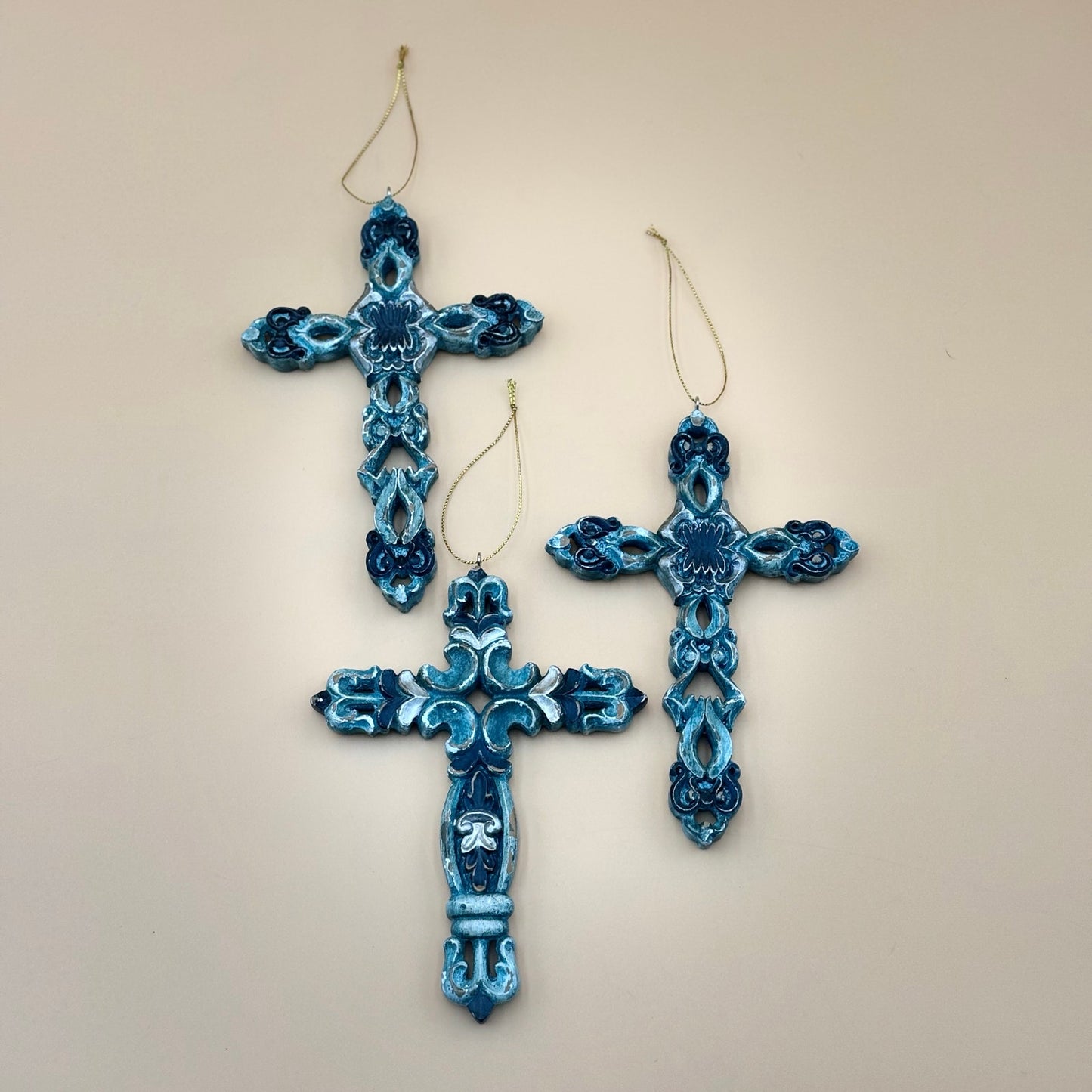 Set of Three 7″ Cross Ornaments — Turquoise, Silver, and Brown Tones