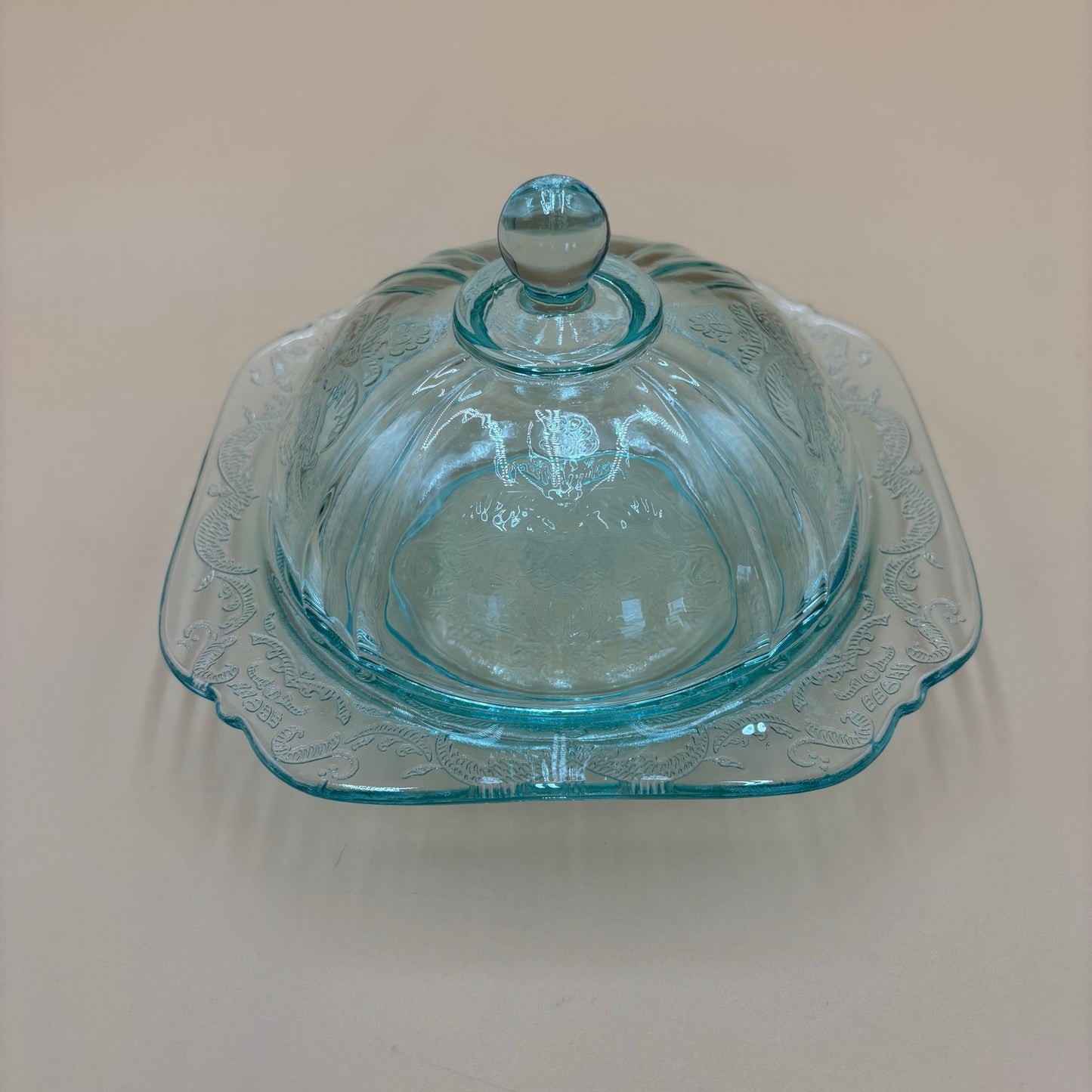 Depression Glass Butter Dish – Aqua Blue Etched Dome with Square Base