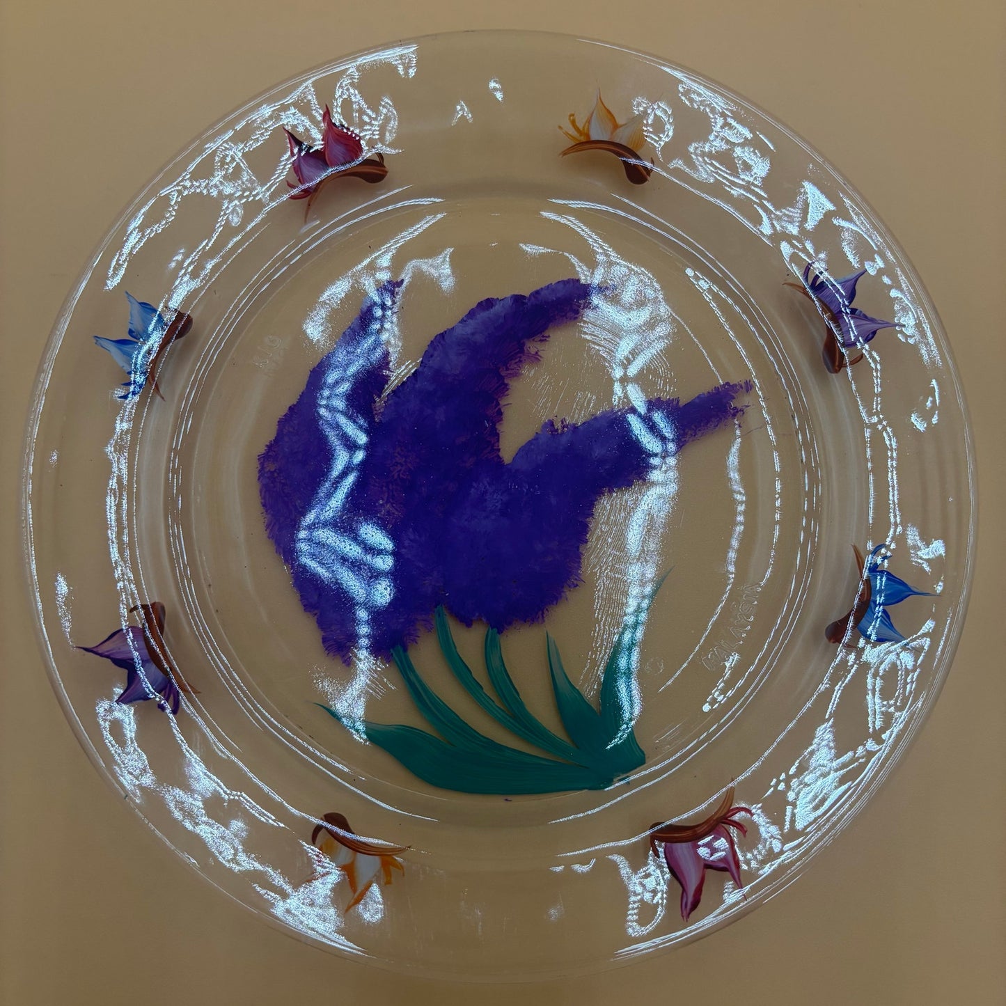 Handpainted Glass Plate - Purple Flowers & Butterflies - Malaysia