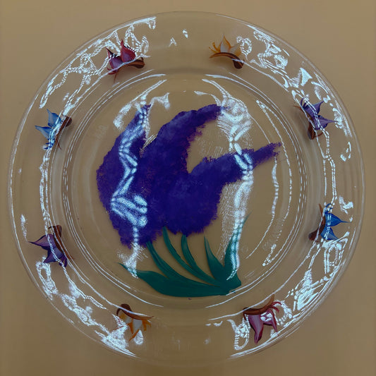 Handpainted Glass Plate - Purple Flowers & Butterflies - Malaysia