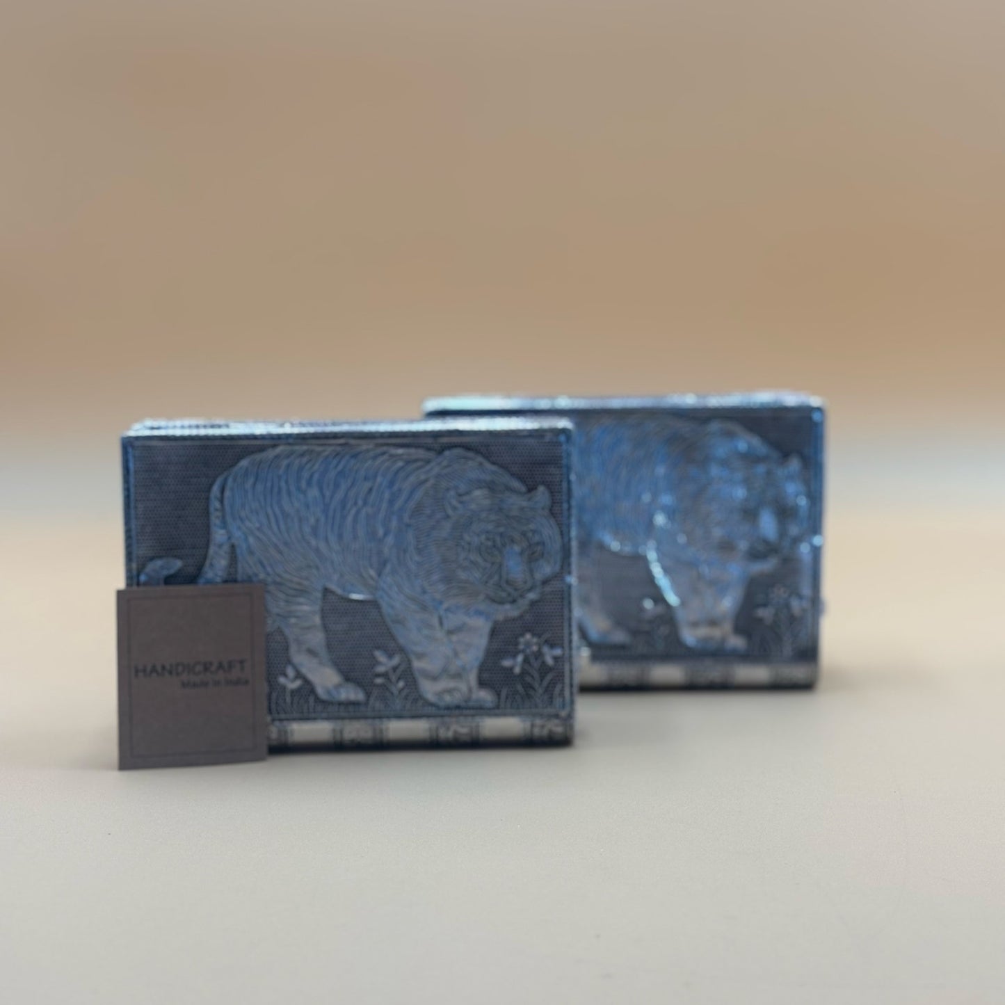 Pair of Handcrafted Indian Tiger Jewelry Boxes with Purple Velvet Interior