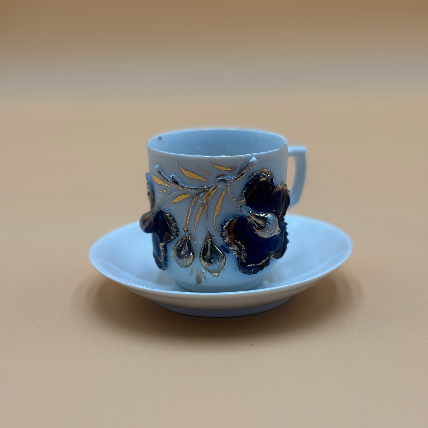 Vintage German Porcelain Demitasse Cup & Saucer - Purple & Gold Floral