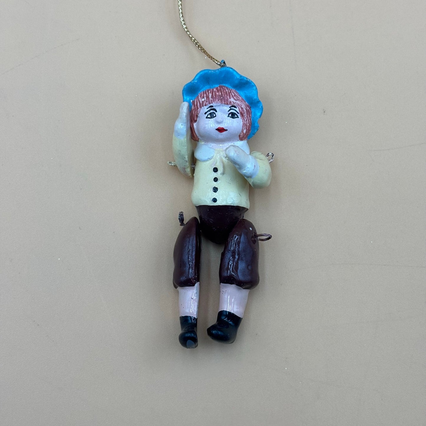 Vintage Hand-Painted Wooden Boy Ornament – Articulated Limbs – 4.25"
