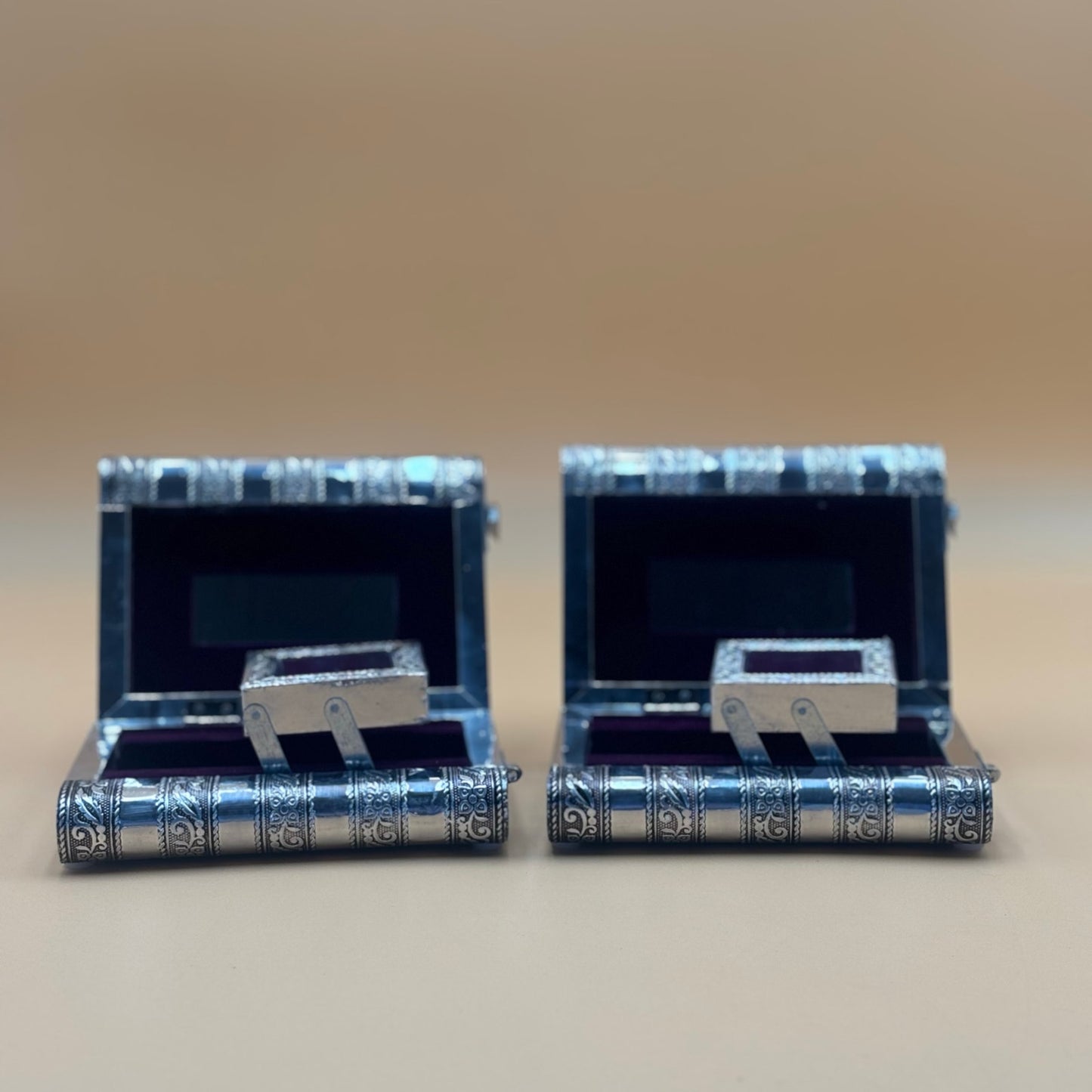 Pair of Handcrafted Indian Tiger Jewelry Boxes with Purple Velvet Interior
