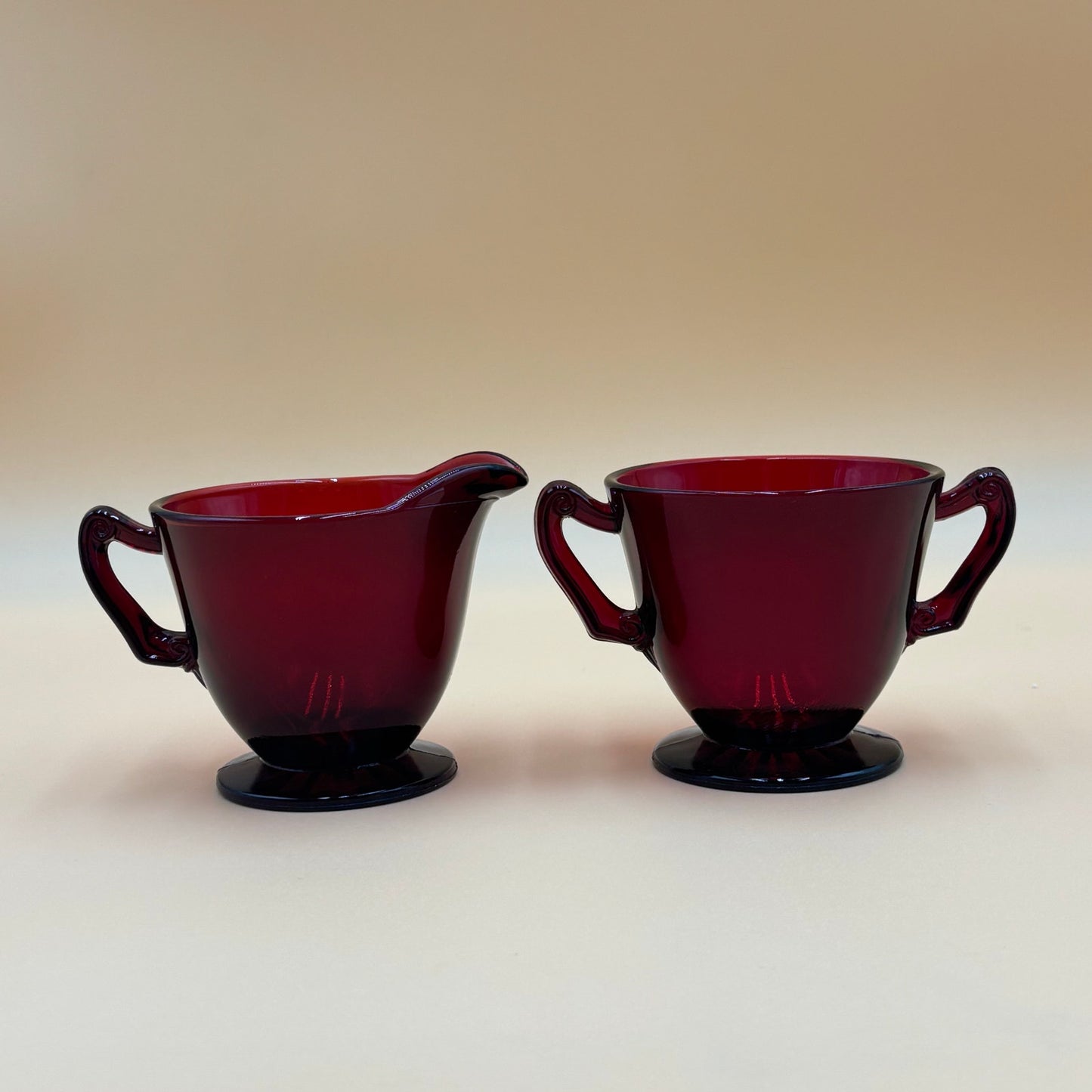 Vintage Ruby Red Glass Creamer & Sugar Set - Starburst Bottom