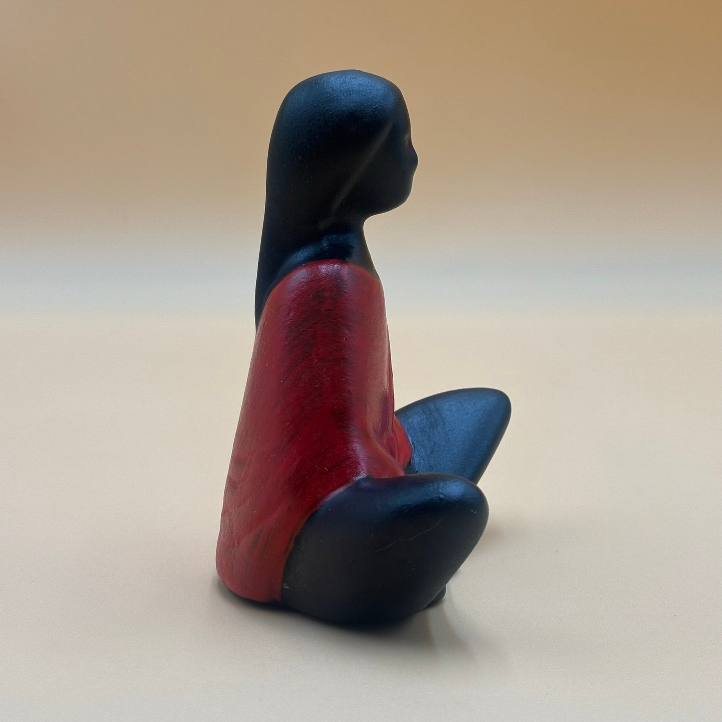 Modern Ceramic Figurine Native American Woman Lotus Pose - Black and Red
