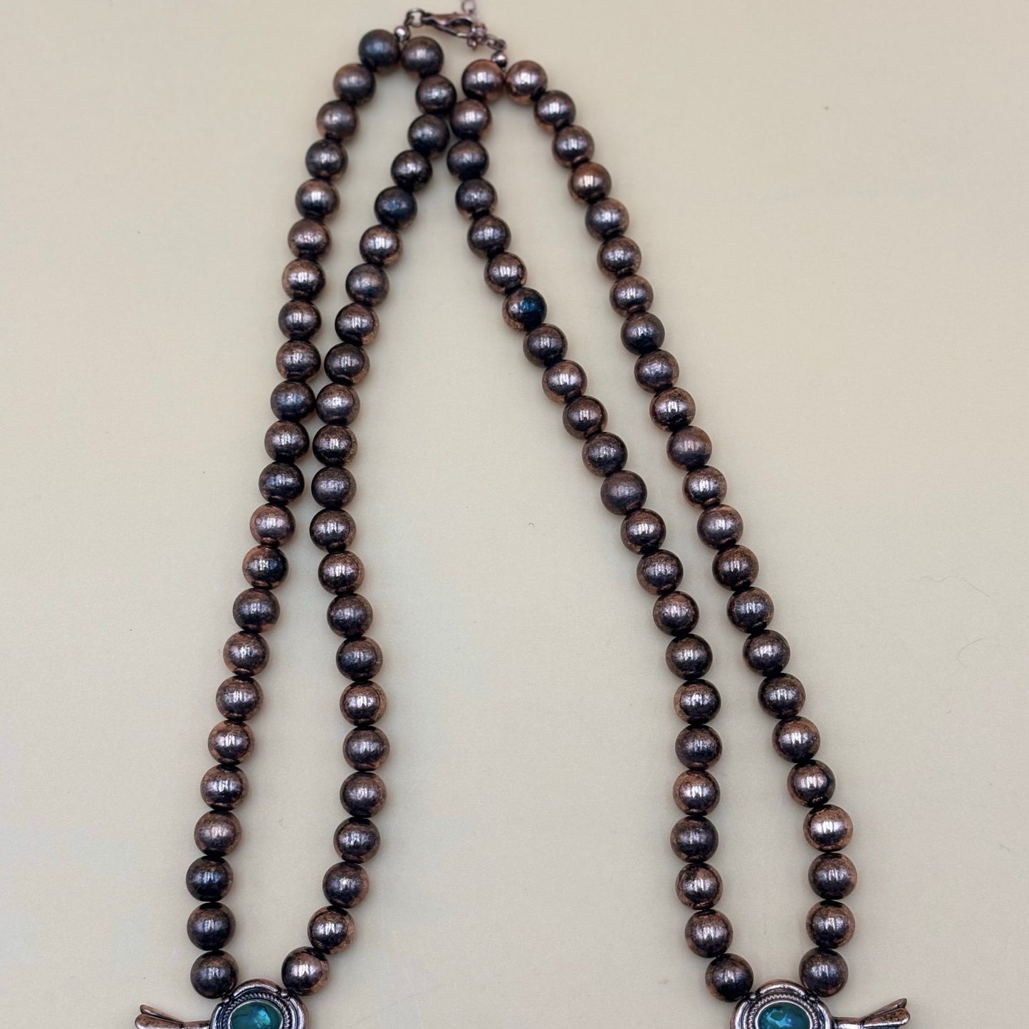 Boho Faux Turquoise Squash Blossom Necklace Copper-Tone Western Statement