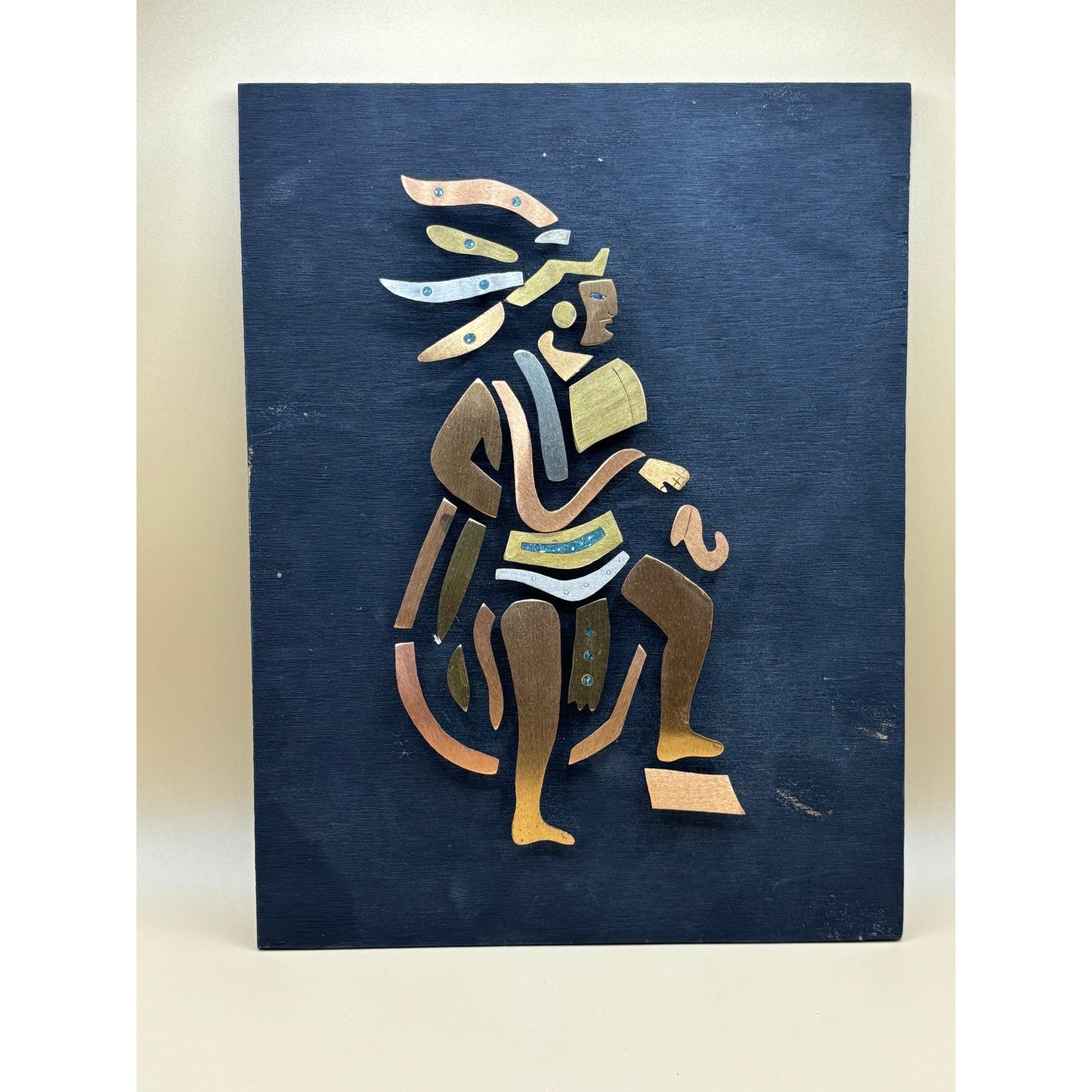 Vintage Mexican Warrior Mixed Metal Stone Inlay Wall Art