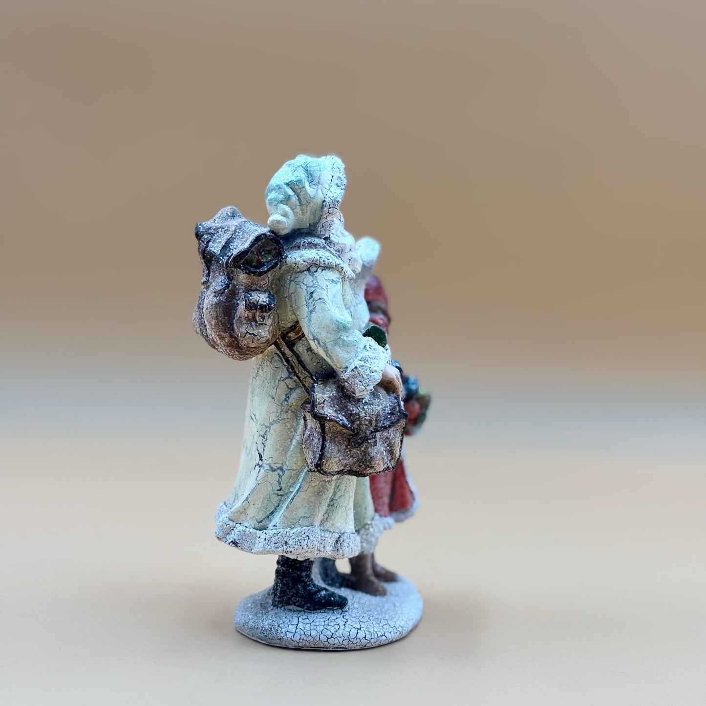 Vintage Crackle Santa and Girl Figurine with Glitter Finish