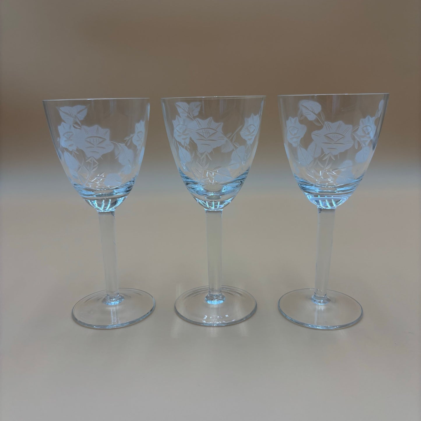 Set of 3 Etched Floral Wine Glasses – 6 3/8” Tall