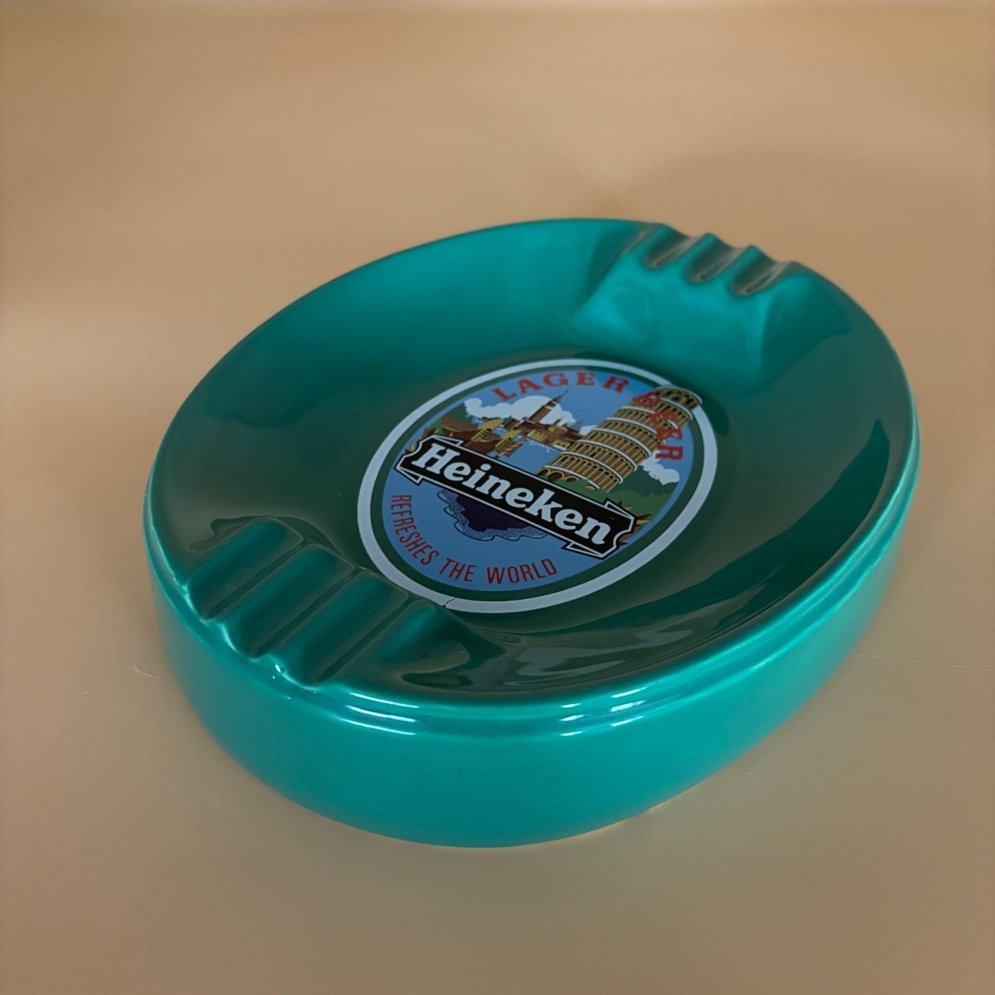 Vintage Heineken Lager Beer Green Glass Ashtray – 7.5” x 9” Heavy Pub Tray