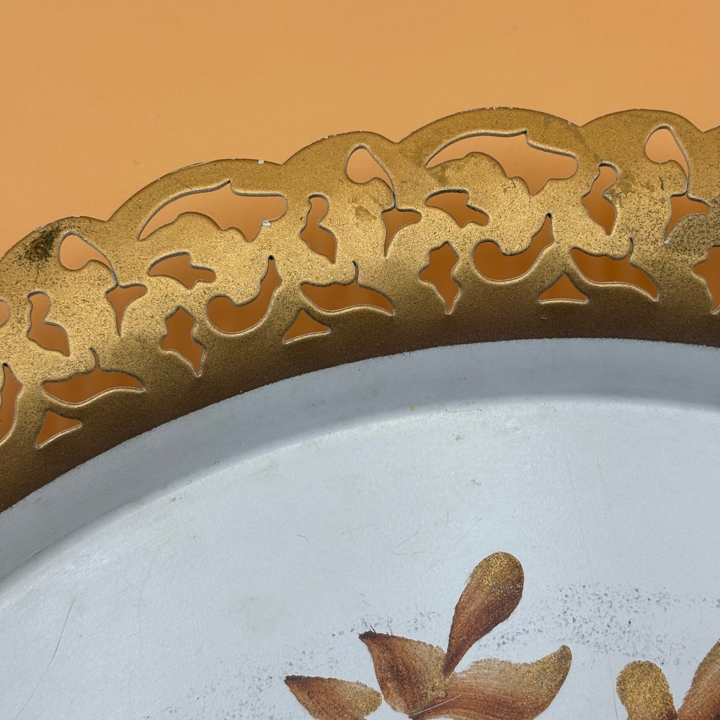 Vintage Nashco Tole Painted Tray – Cream, Gold & Brown Floral “Lace Edge”