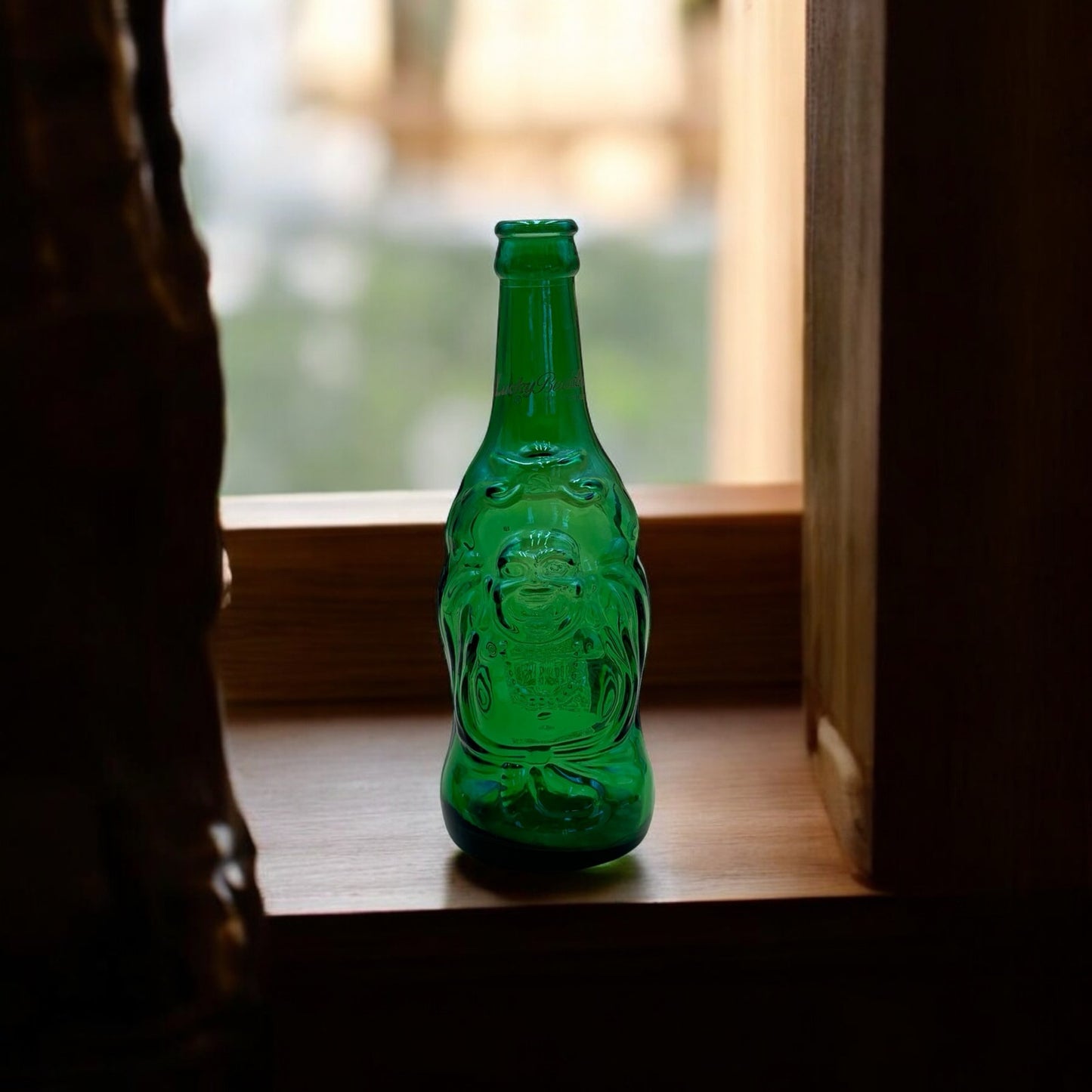 Vintage Lucky Buddha Beer Bottle – Embossed Green Glass Collectible