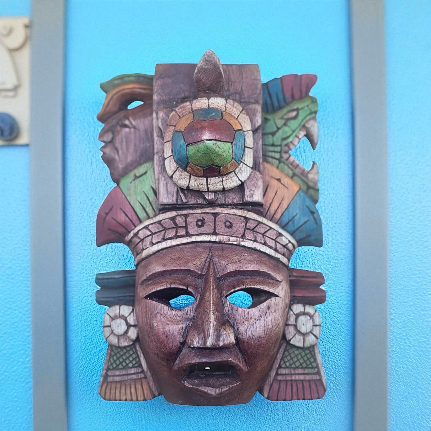 Mesoamerican Hand-Carved Warrior Mask/Wall Plaque - Turtle & Serpent Wall Art