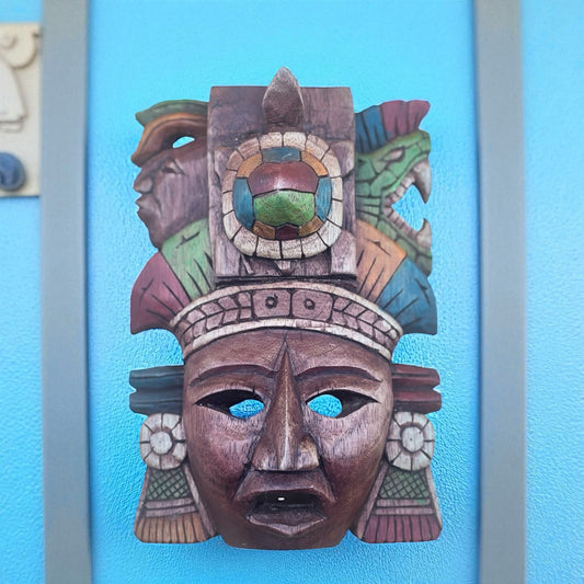 Mesoamerican Hand-Carved Warrior Mask/Wall Plaque - Turtle & Serpent Wall Art