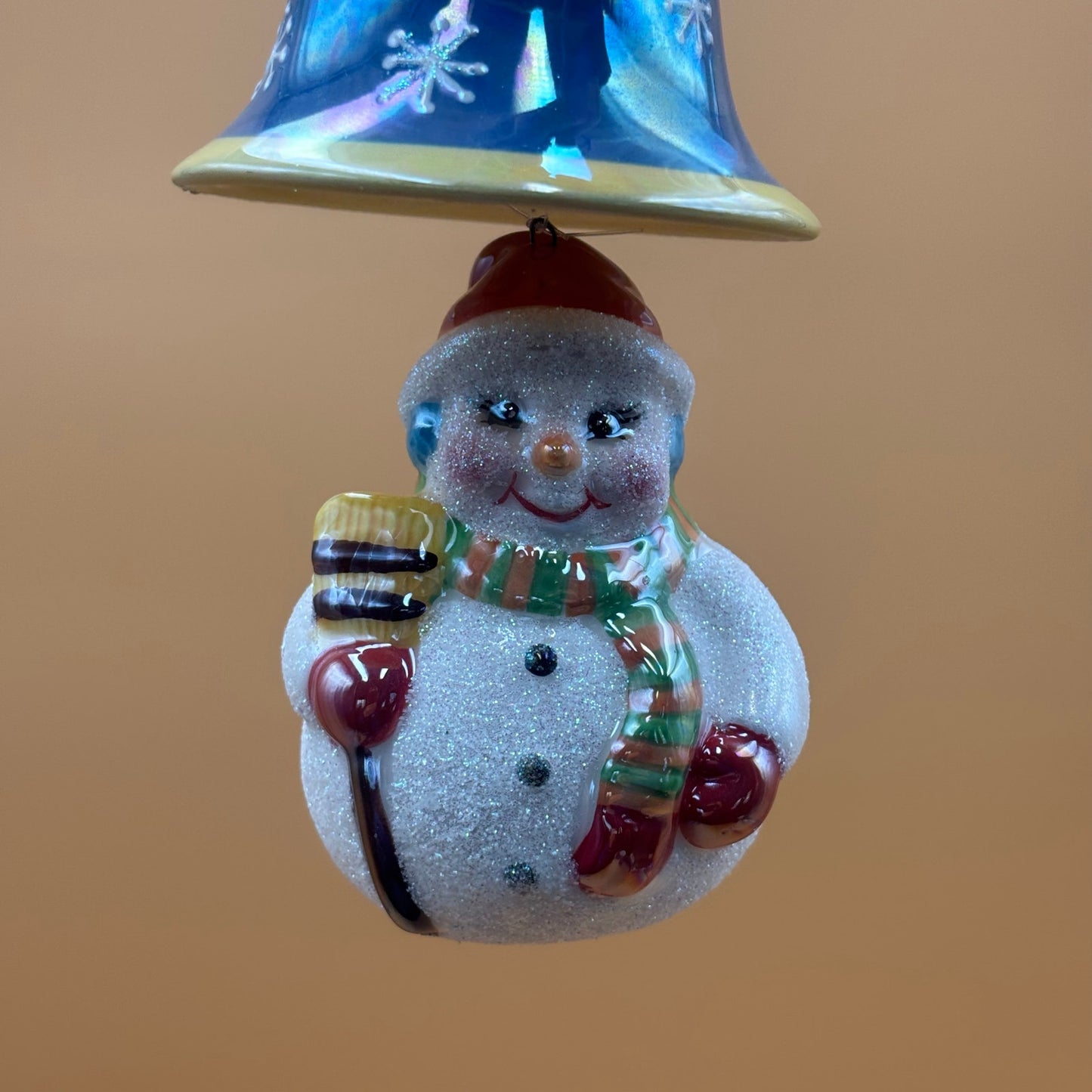 Radko Snowman and Bell Ornament – Handcrafted Glass – 7” x 3”