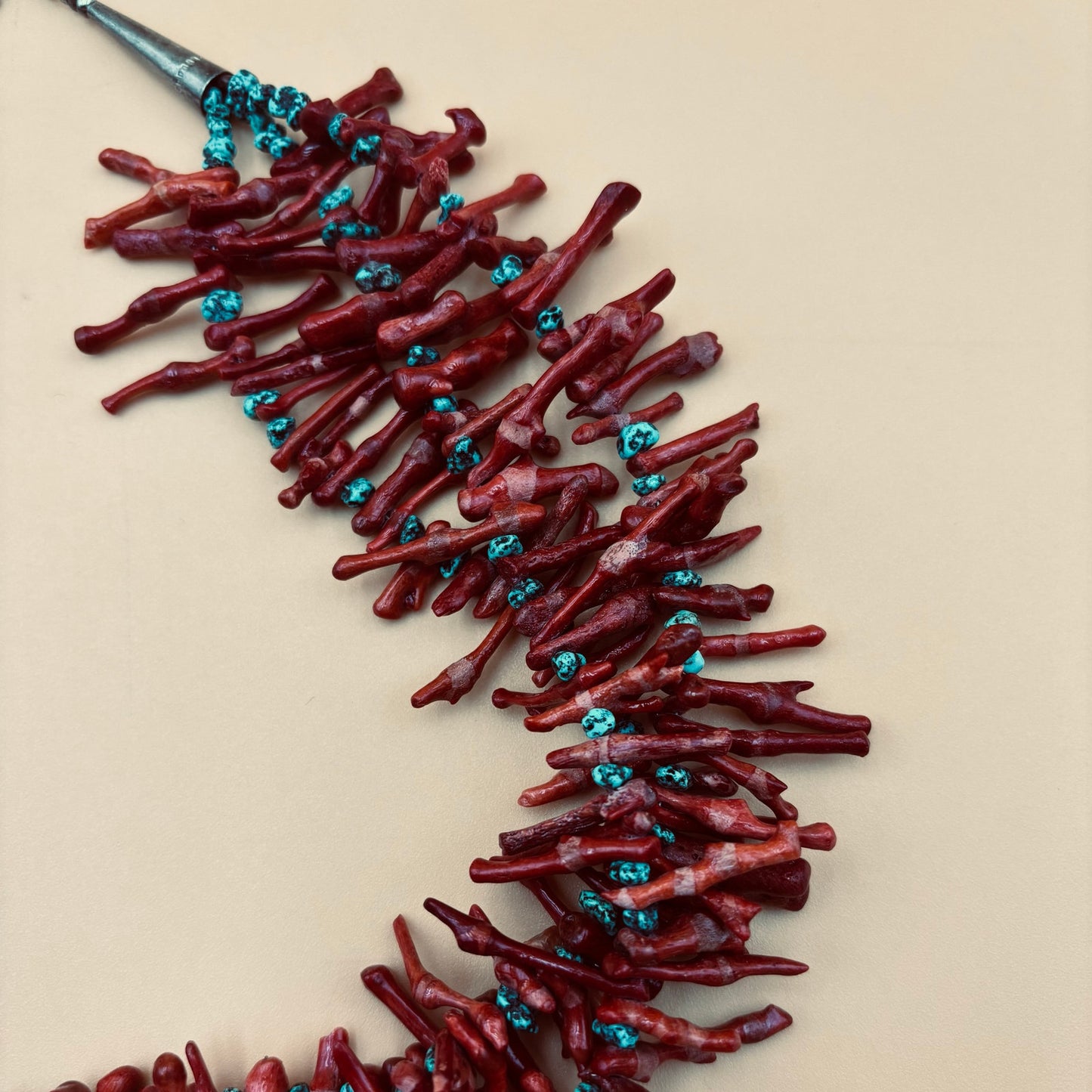 Bold Three-Strand Red Coral Branch & Turquoise Statement Necklace – 18.5″