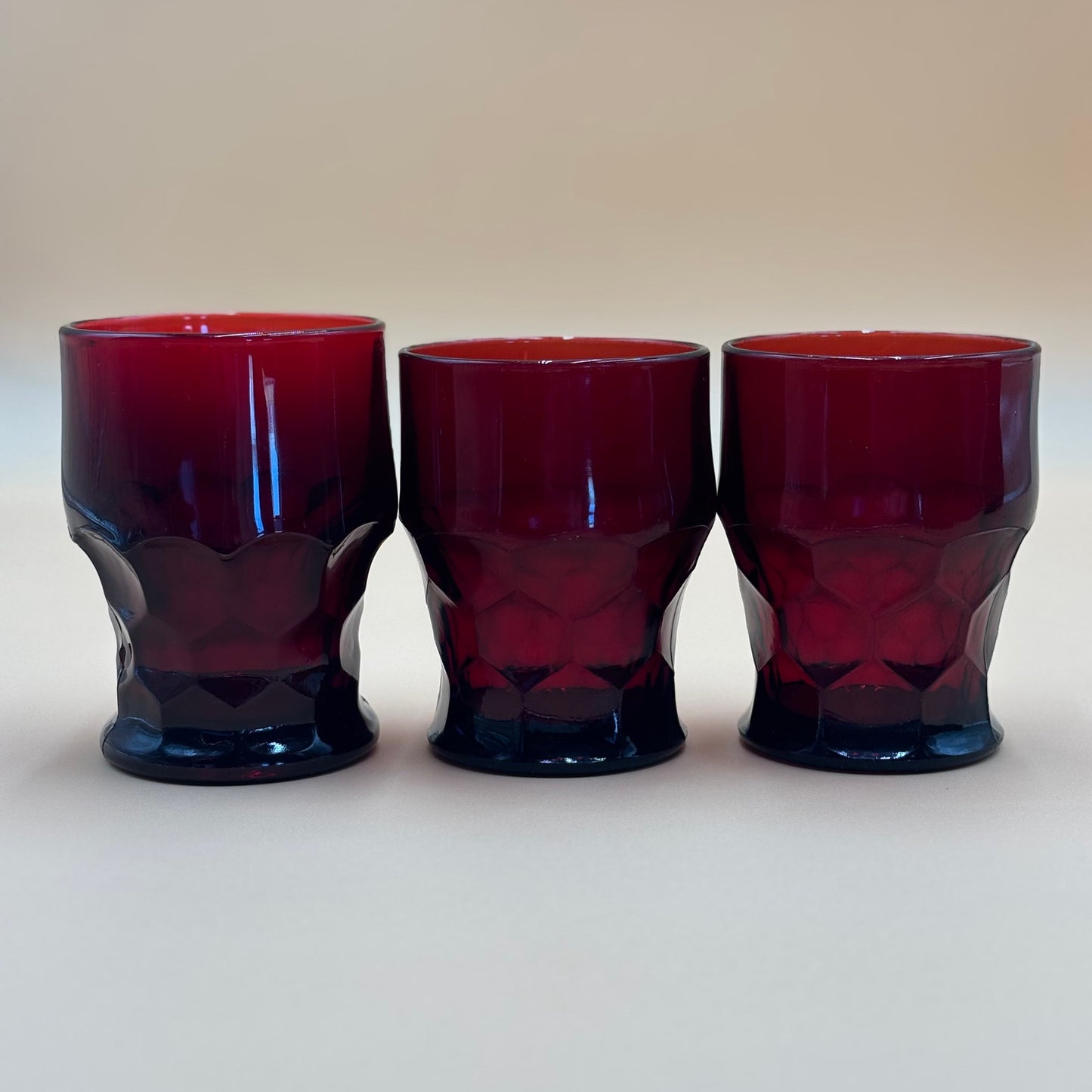 Set of 6 Vintage Ruby Red Glasses with Hexagonal/Honeycomb Base Mismatch