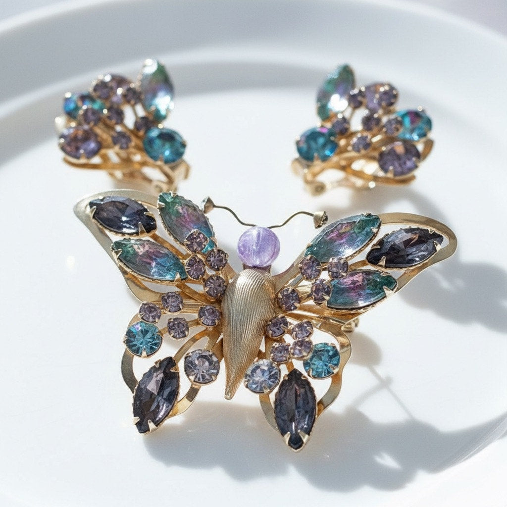 Selro Selini Watermelon Rhinestone Butterfly Brooch & Earrings – Rare Set