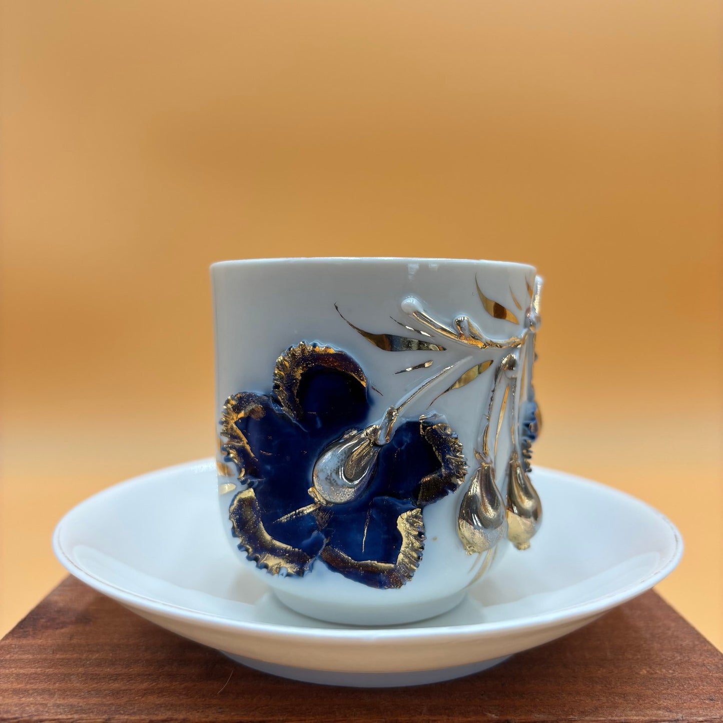 Vintage German Porcelain Demitasse Cup & Saucer - Purple & Gold Floral