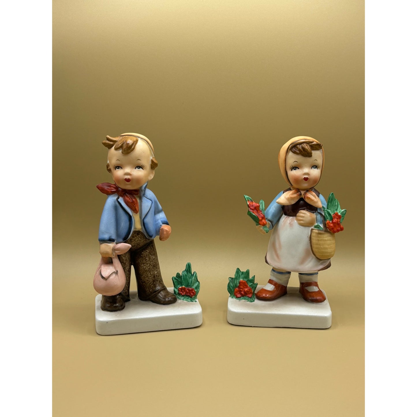 Pair of Vintage Japanese Vcagco Ceramic Figurines - Boy with Bag & Girl with Basket of Flowers