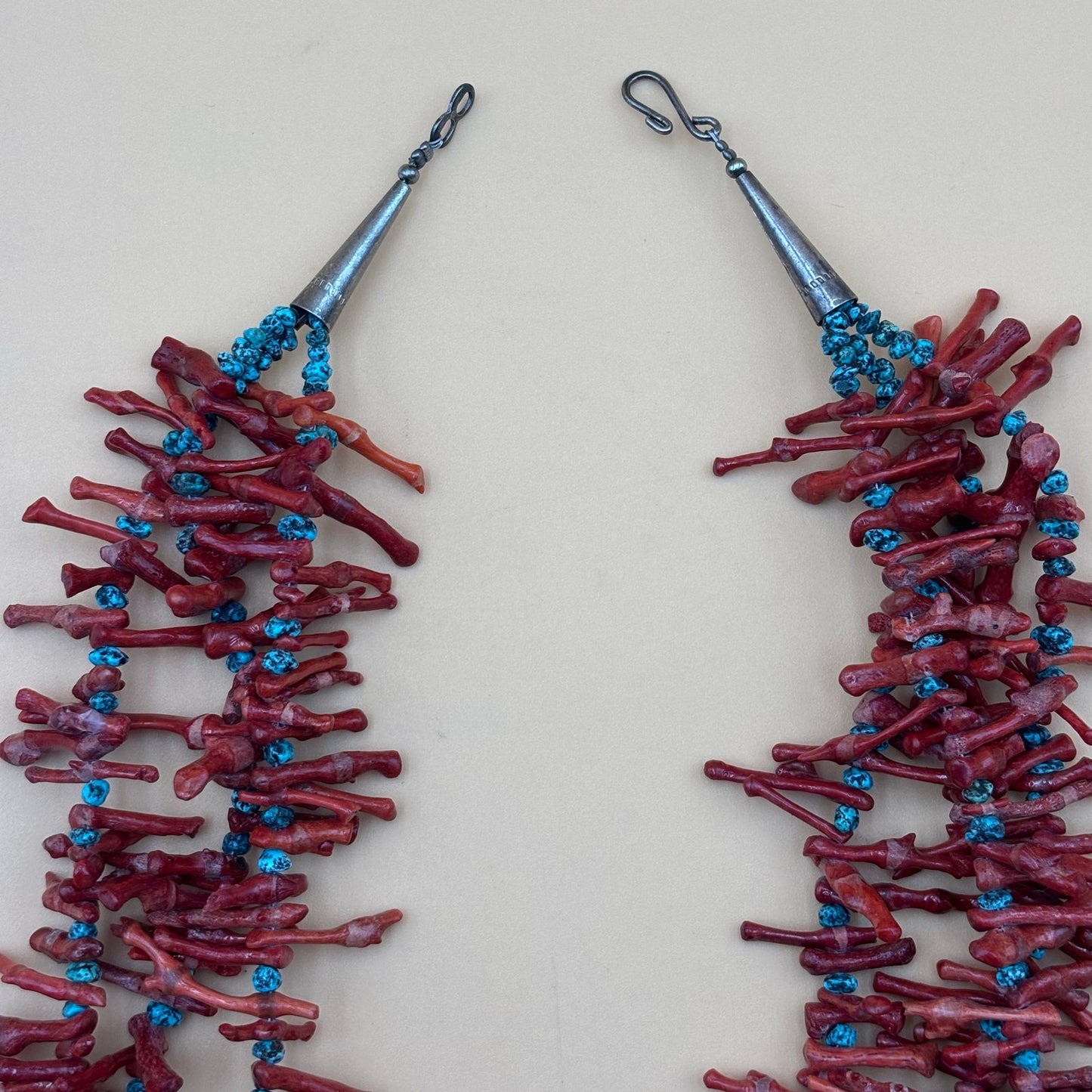 Bold Three-Strand Red Coral Branch & Turquoise Statement Necklace – 18.5″