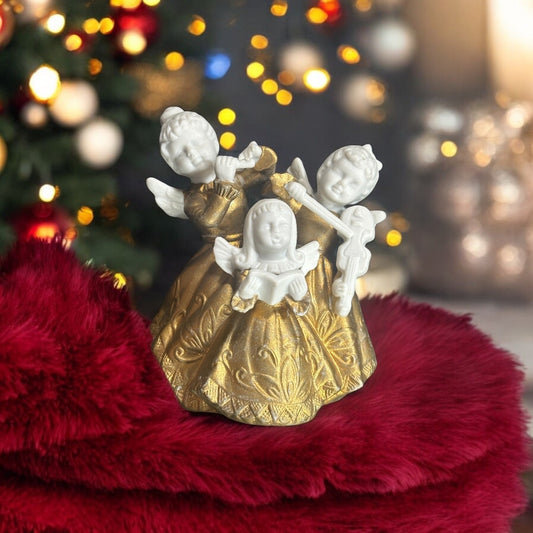 Vintage Hand-Painted Trio of Musical Angels Figurines - Gold & White Porcelain - Violin, Flute, and Singing Angels.