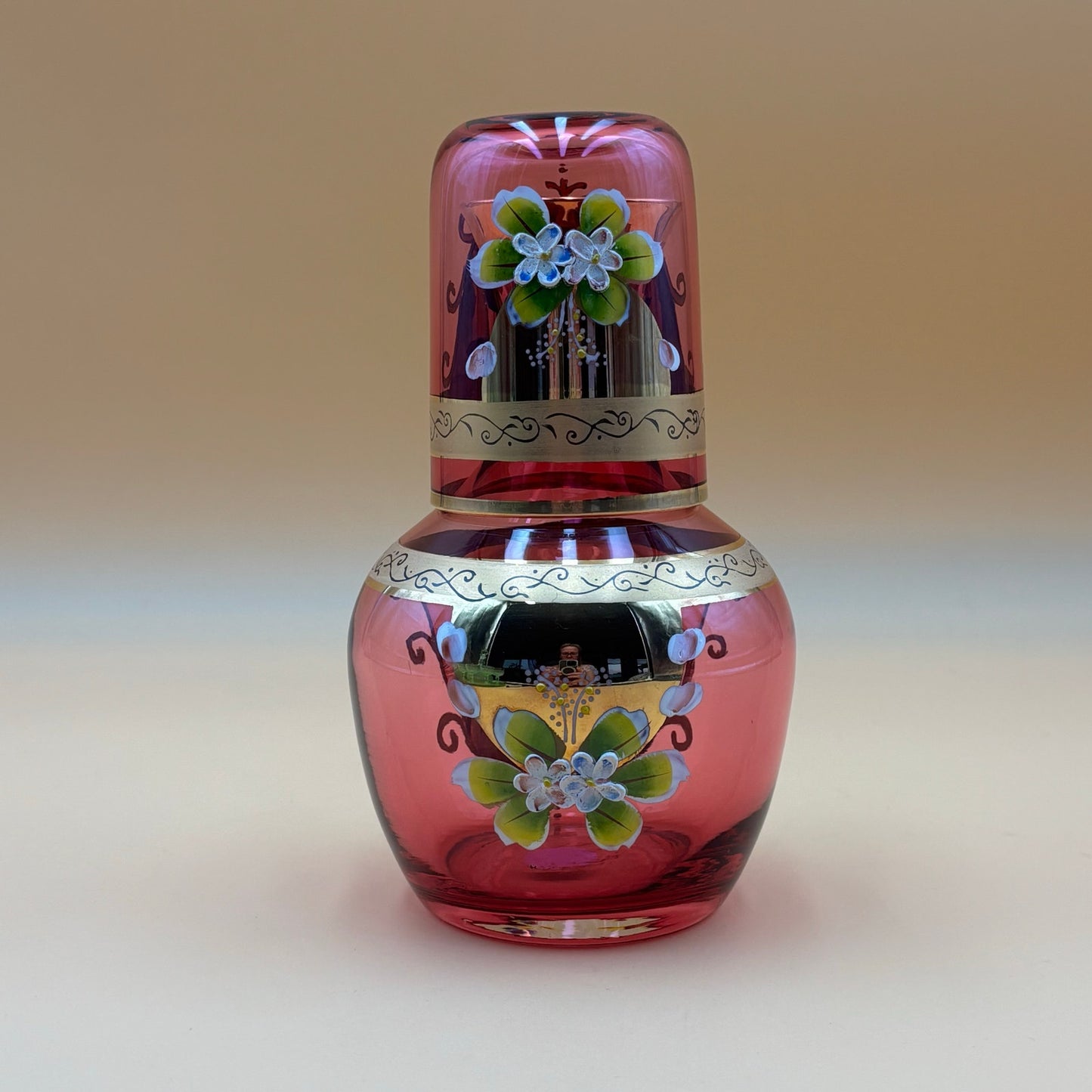 Hand Painted Pink Glass Tumble Up Decanter & Tumbler Set, A.A. Importing Co. Japan