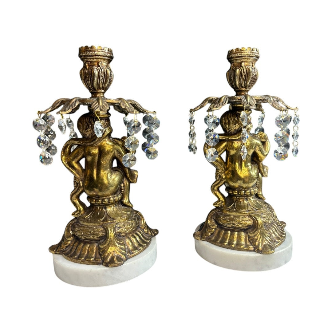 VTG Cherub Candleholders with Marble, Brass, and Crystal Accents Wood Candles