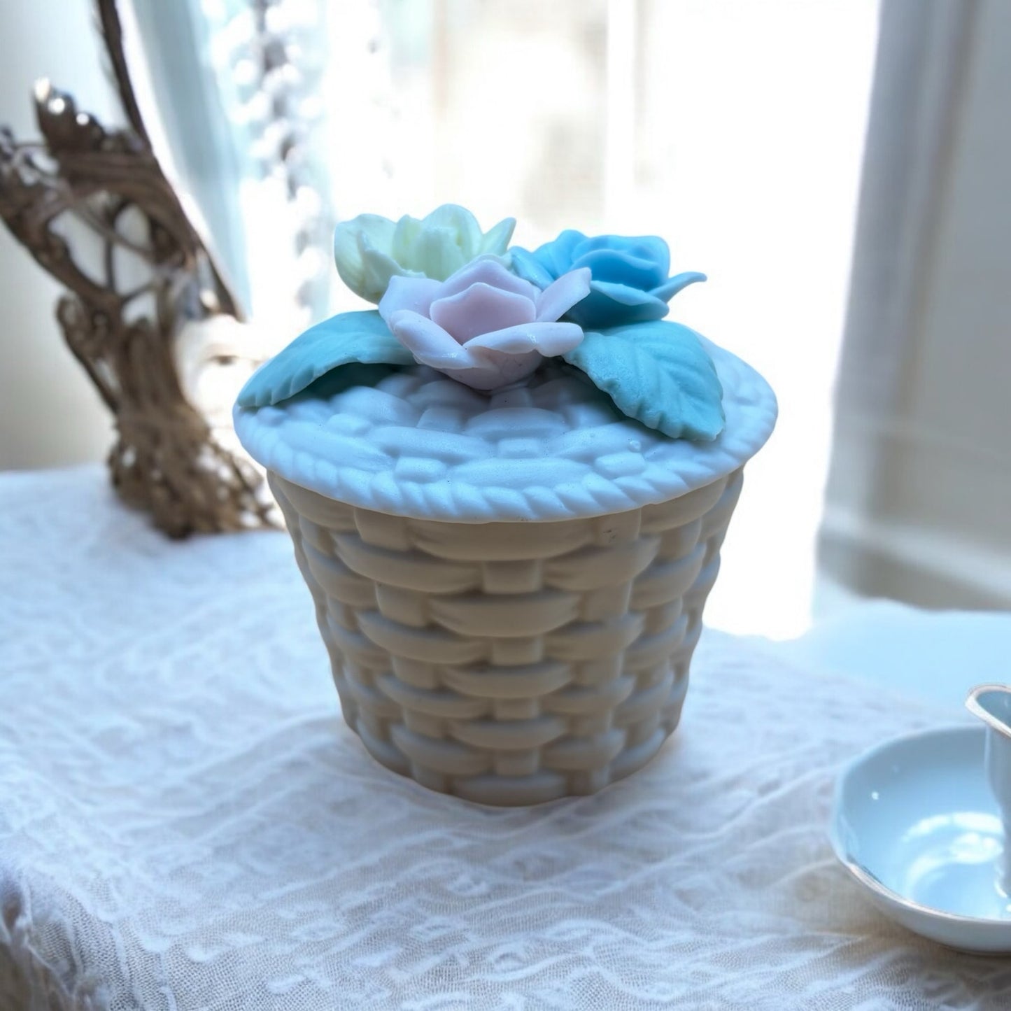 Porcelain Basket with Pastel Floral Lid – White Lattice Design