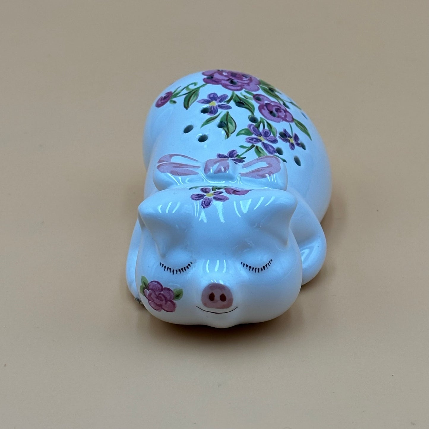 Vintage 1978 Avon Ceramic Pig Sachet – Floral Sleeping Pig with Bow, Made in Brazil