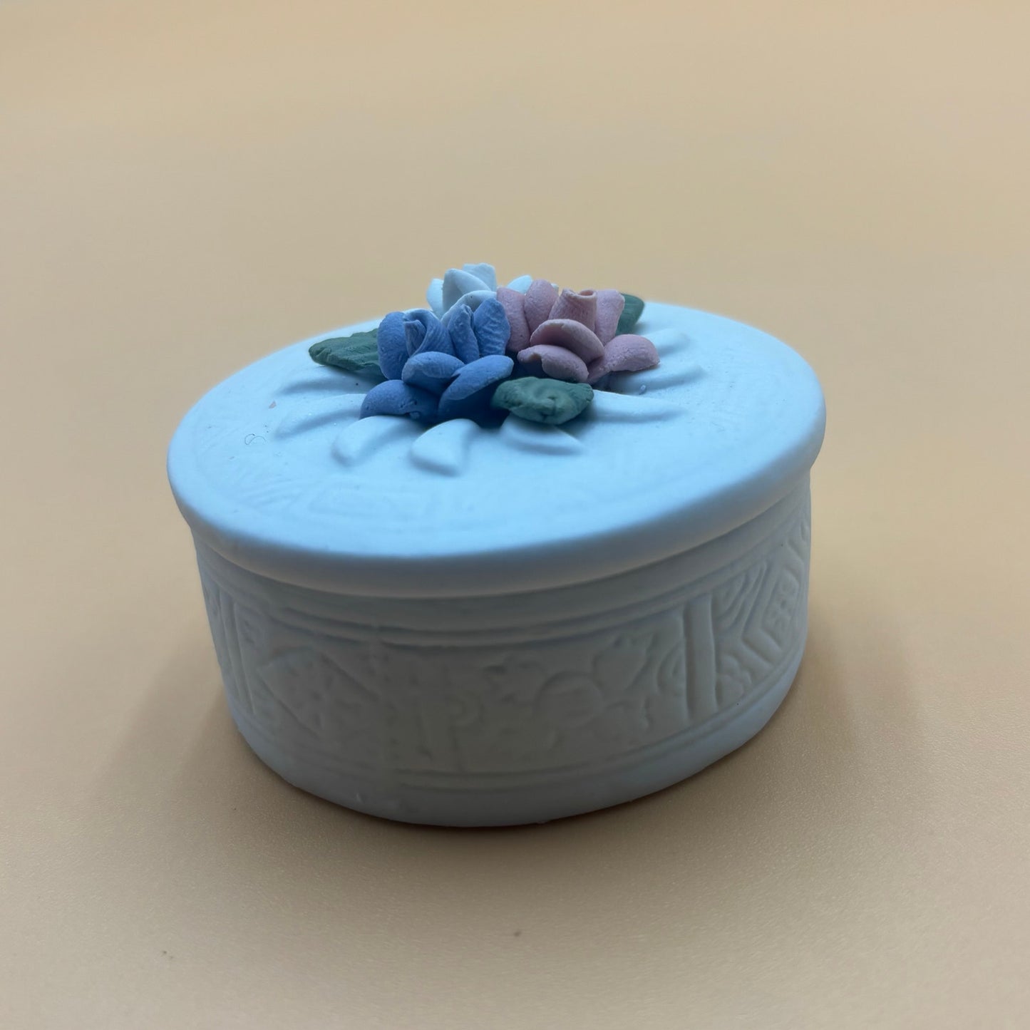 Vintage 1990s Porcelain Trinket Box – Floral Detail – Blue, Pink & White Flowers