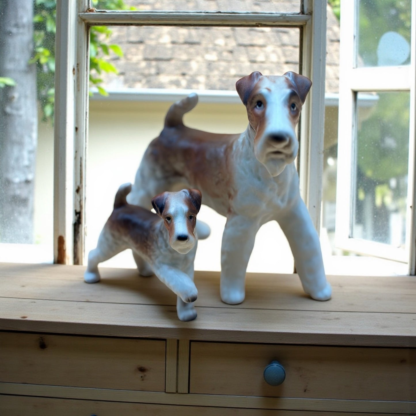 Vintage Lifelike Playful Porcelain Wire Fox Terrier Dog Figurines Set