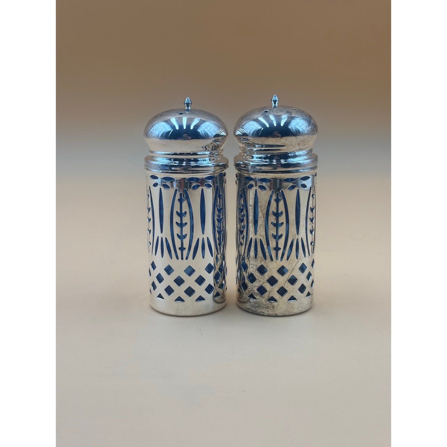 Sapphire Blue Glass Salt and Pepper Shakers with Silver Overlay