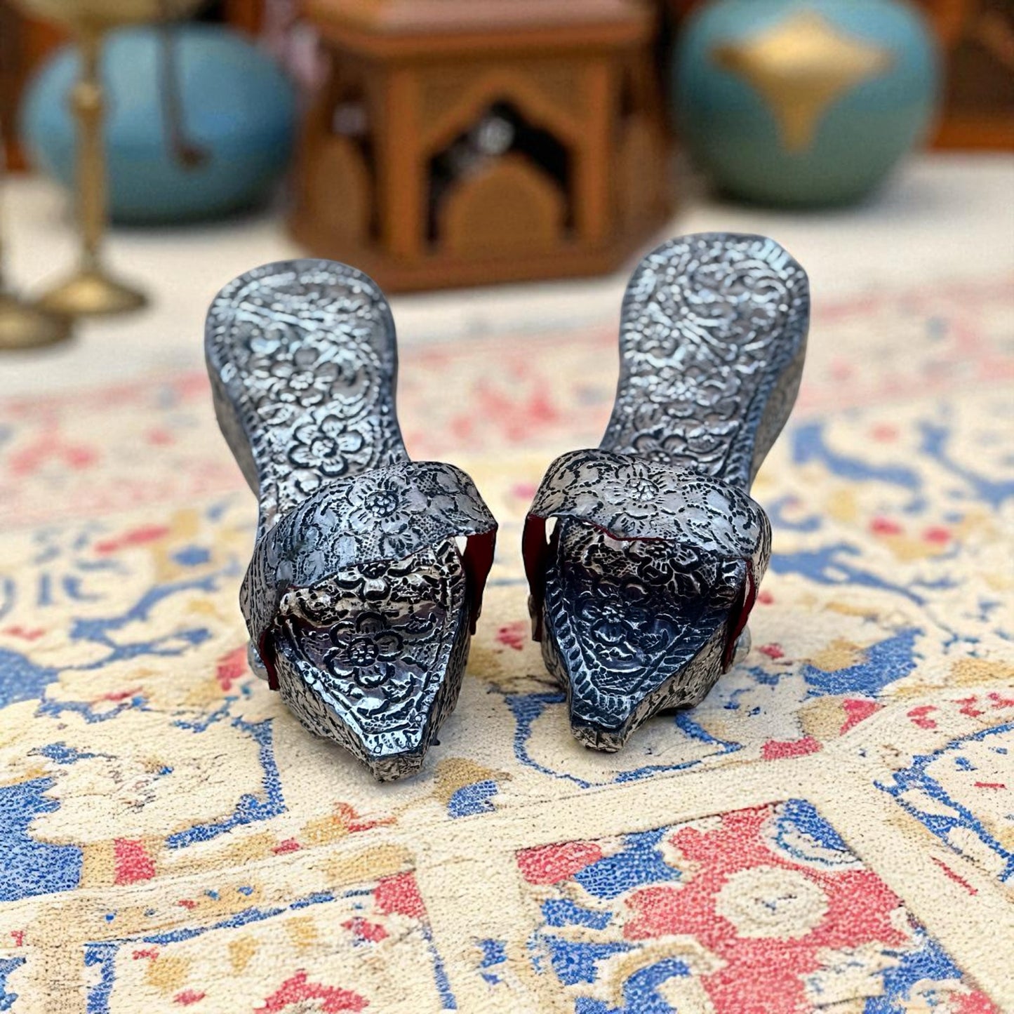 Vintage Ottoman Style Child’s Shoes Silver Tone on Wood with Box Collectible