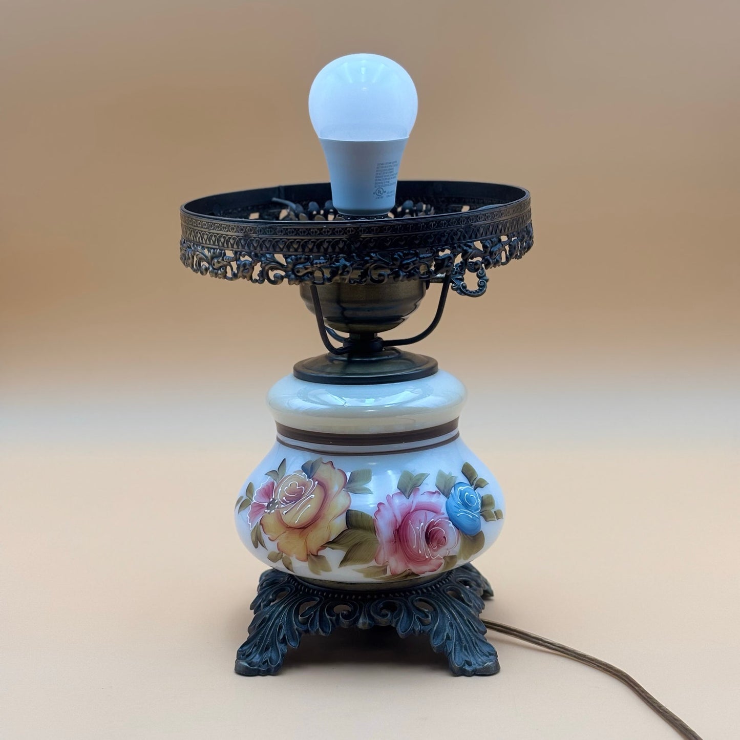 Vintage GWTW Hurricane Lamp Base Hand Painted Flowers 3 Way Light
