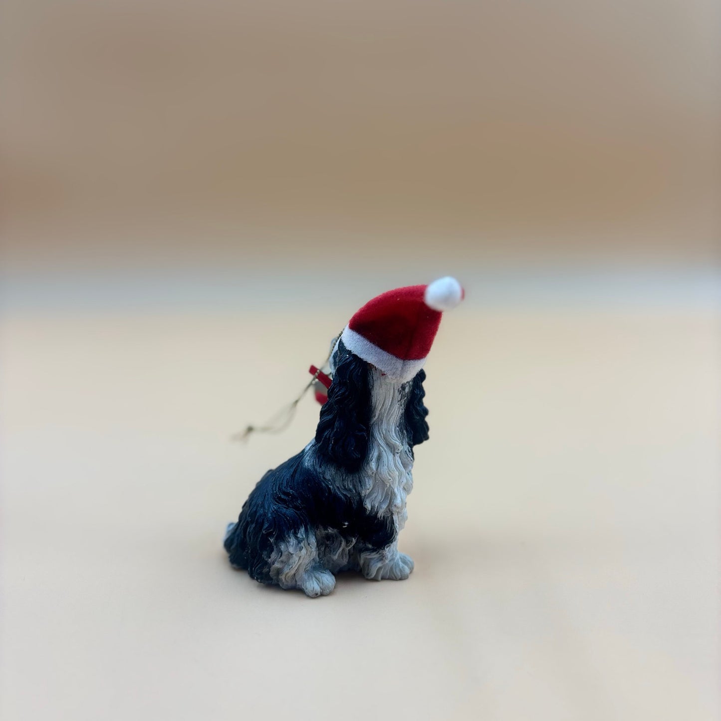 Black & White Spaniel Dog Ornament with Santa Hat