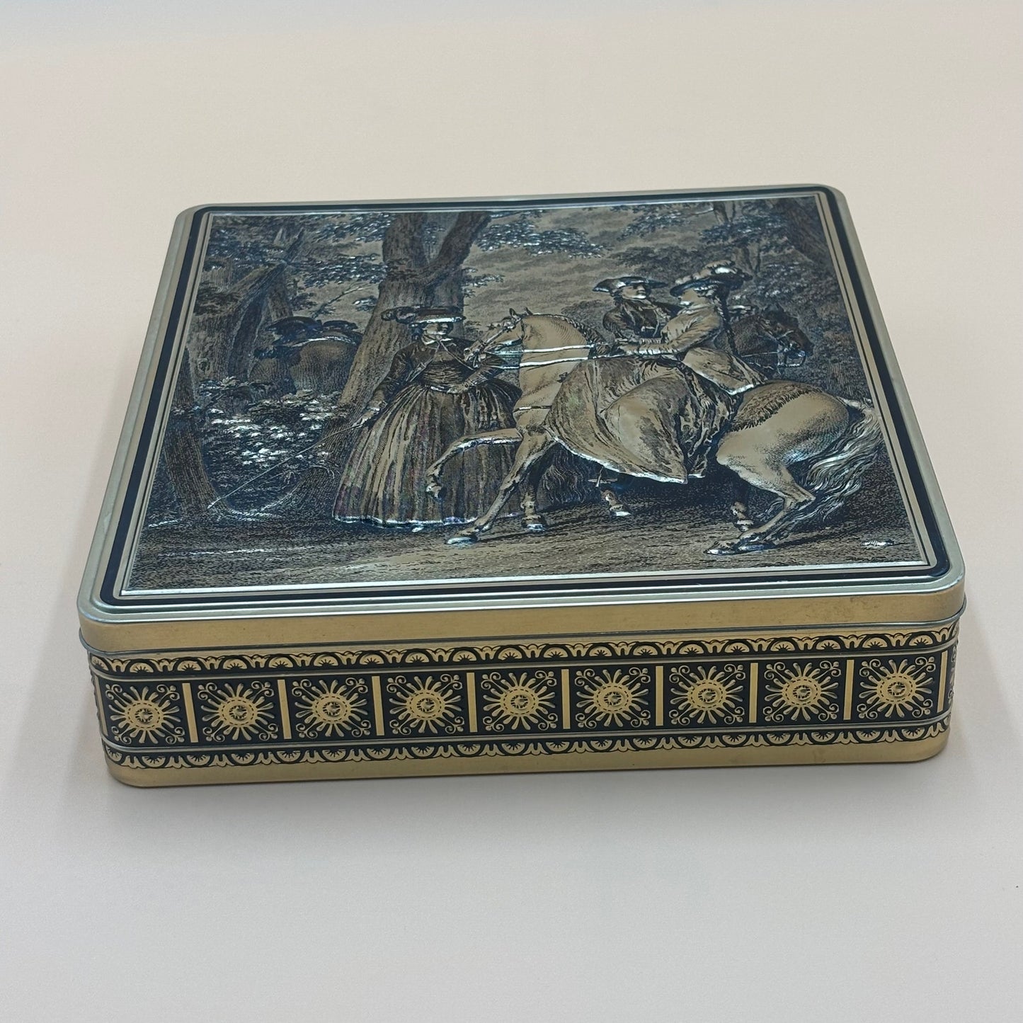 VTG French Victorian Biscuit Tin - Gold Embossed Scene