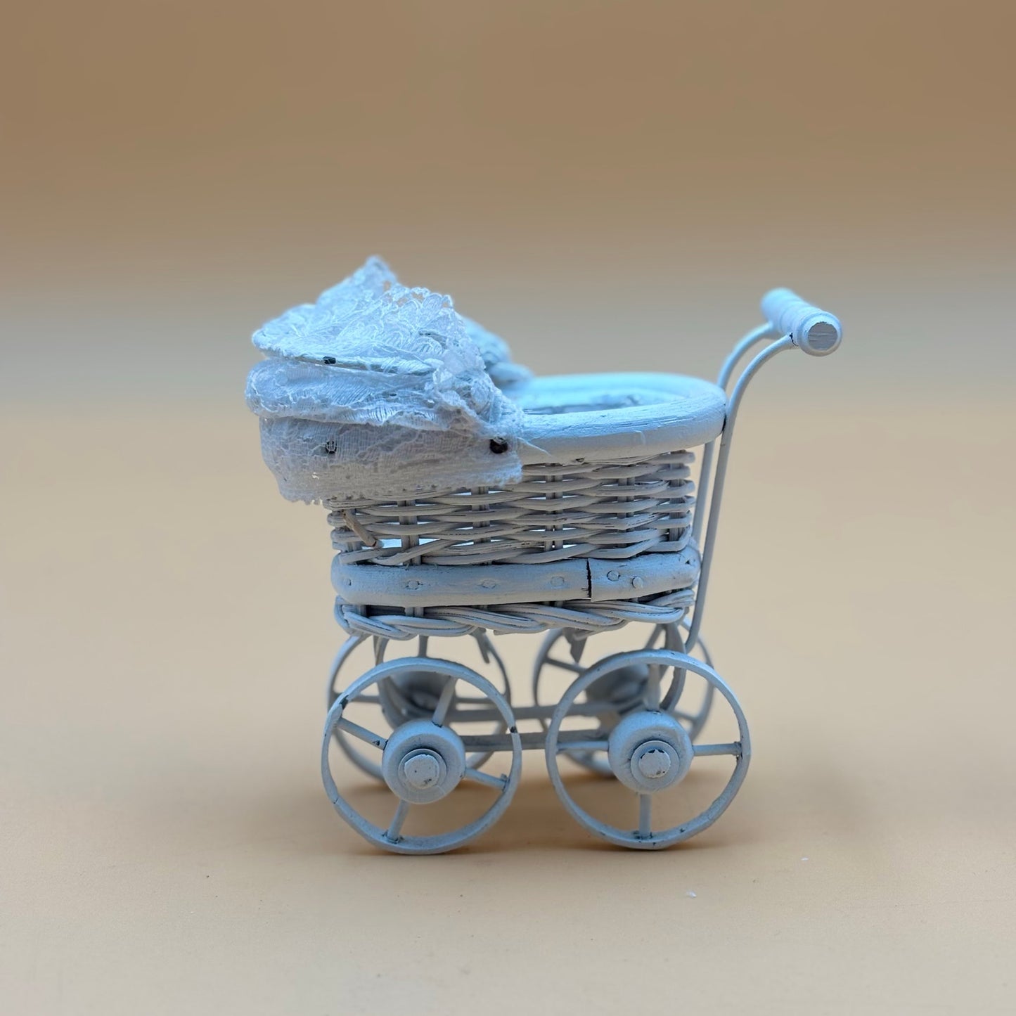 Miniature White Wicker Doll Buggy with Lace Canopy