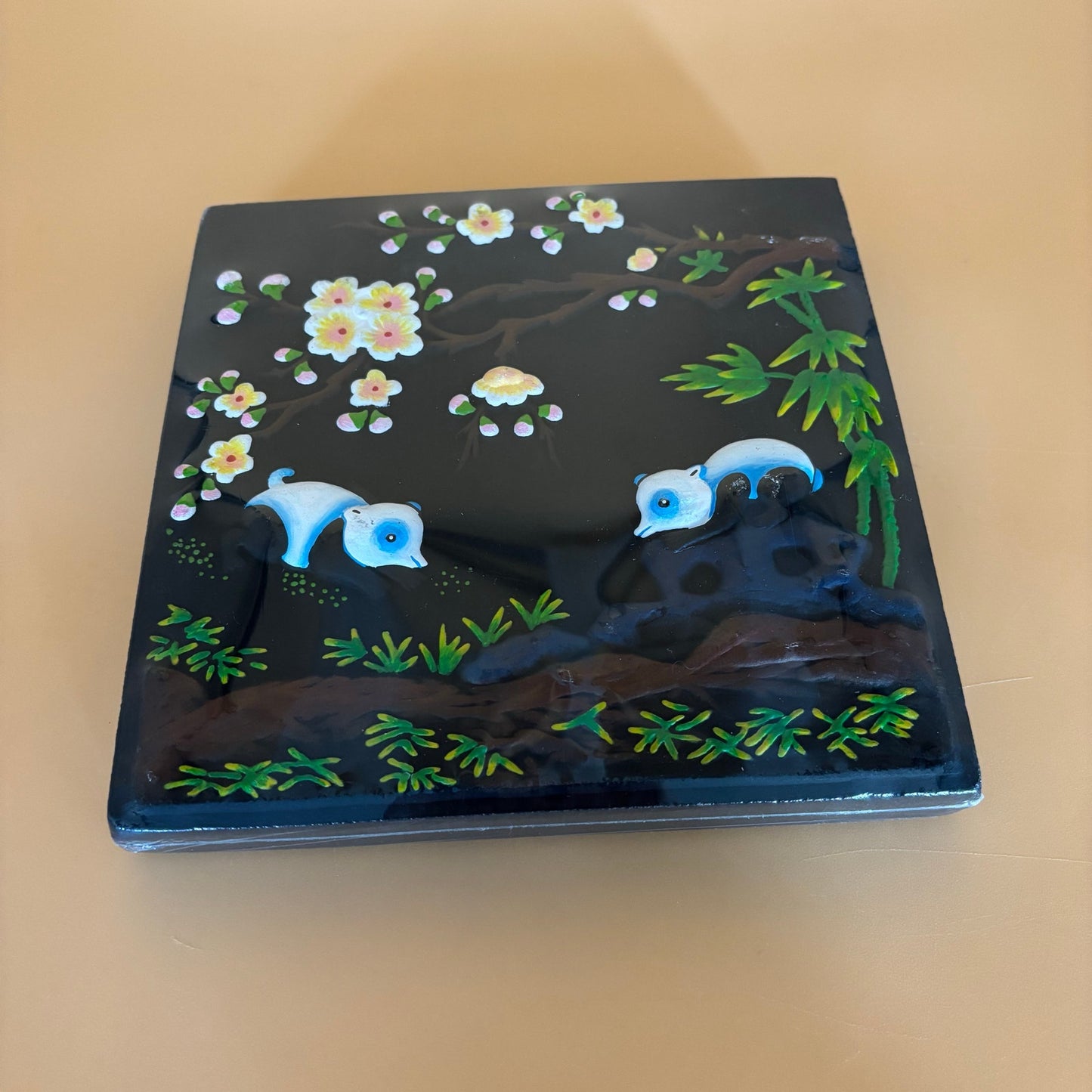 Hand-Painted Panda & Cherry Blossom Plaque – Sealed Decorative Art with Easel