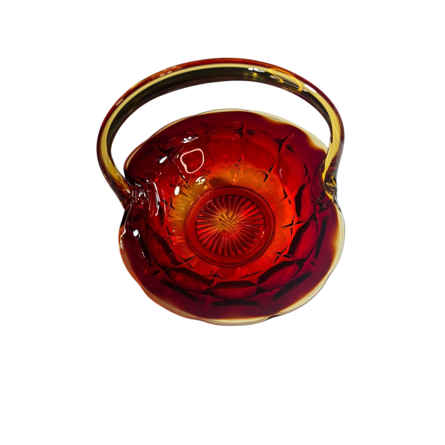 Amberina Tiara Glass Basket Sunset Constellation Pattern Red to Orange Ombré 8” Vintage J.D. Handle