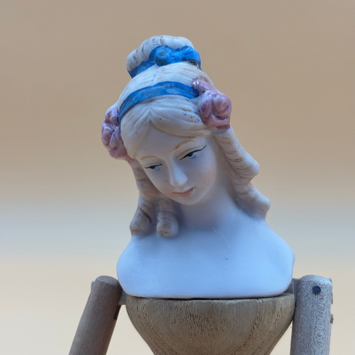 Shackman Bisque and Wood Jointed Doll 9.5 in with Blue Ribbon