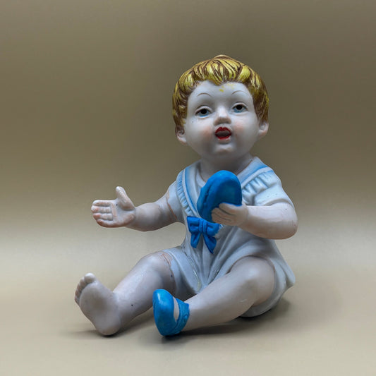 VTG Baby Boy Porcelain Figurine Putting His Shoes on 5.5"